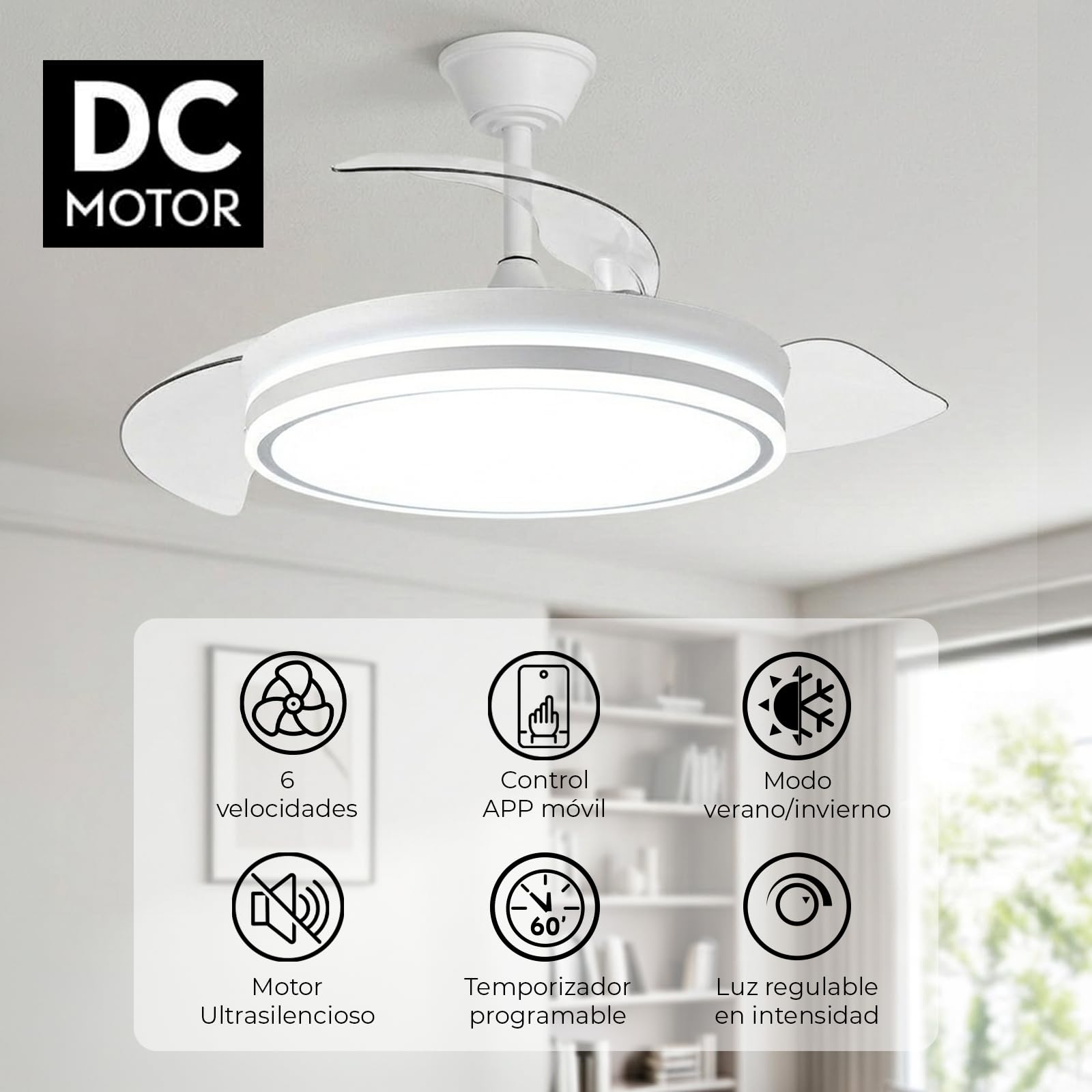 YOEVU EOS ONE Ventilador de Techo 72W con Luz LED Regulable, Aspas Retráctiles, Mando a Distancia + APP Bluetooth, Silencioso, Iluminación Ajustable, Bajo Consumo