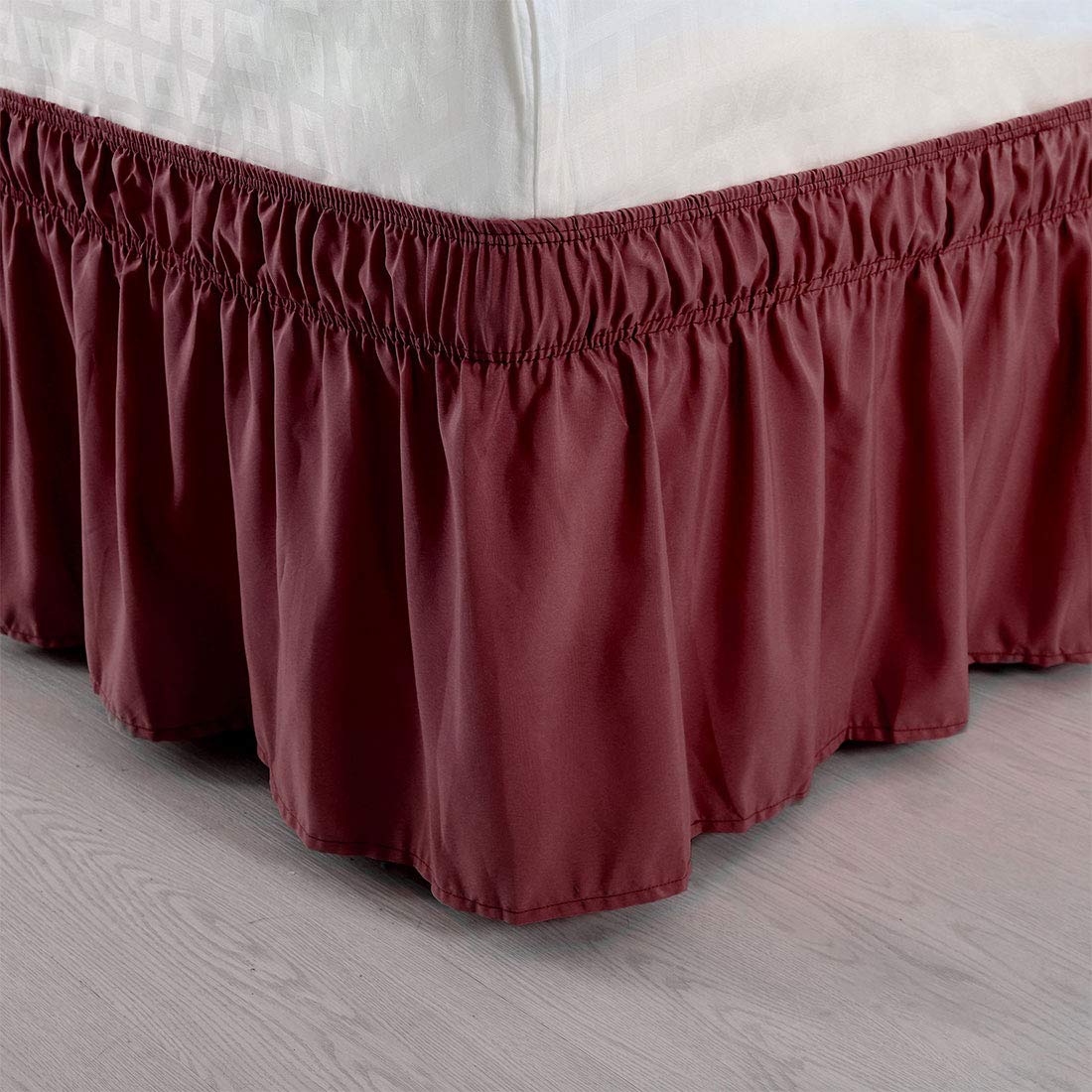 PiccoCasa Faldón de Cama elástico con Volantes, Cenefa de Cama Envolvente, Marco de Microfibra cepillada con Volantes de 38 cm (Doble, borgoña)
