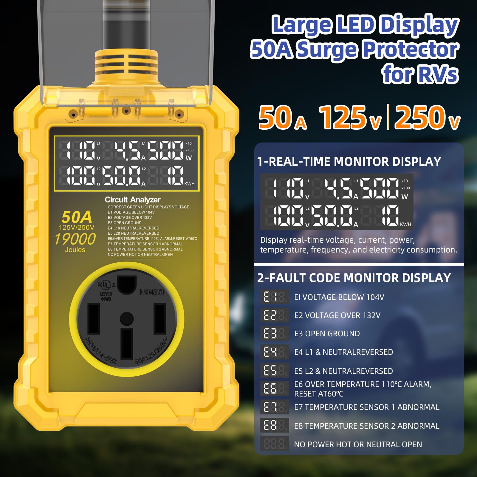 Protector de sobretensiones de 50 amperios para Rv impermeable IP67, 19000 J mejorado RV Power Surge Protector con certificación de seguridad, enchufe adaptador RV para caravana, analizador