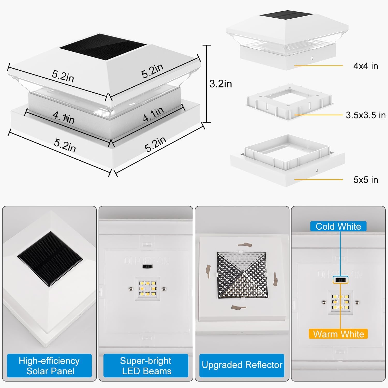NATPOW Farola Solar de Poste 9x9cm,10x10cm,12x12cm, 4 Piezas 3000K/6000K Luces Solares para Poste, Luz Solar para Postes Exterior IP65 Resistente para Valla, Puerta, Camino de Entrada, Jardin, Blanco