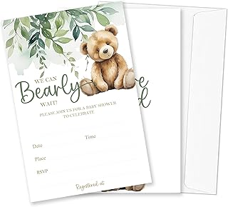 We Can Bearly Wait! Baby Shower Invitations, 25 Pcs Greenery And Little Bear Invites With Envelope For Boy Or Girl Baby Shower, Gender Reveal Games, Baby Shower Decoration, Party Favor - B04