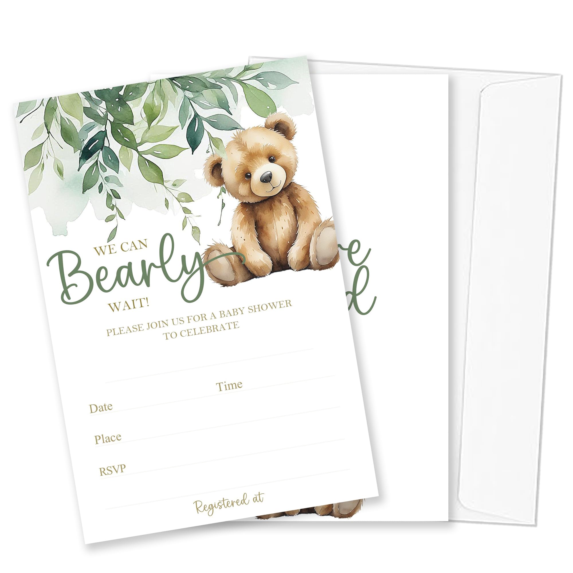FRRCREU We Can Bearly Wait! Baby Shower Invitations, 25 Pcs Greenery And Little Bear Invites With Envelope For Boy Or Girl Baby Shower, Gender Reveal