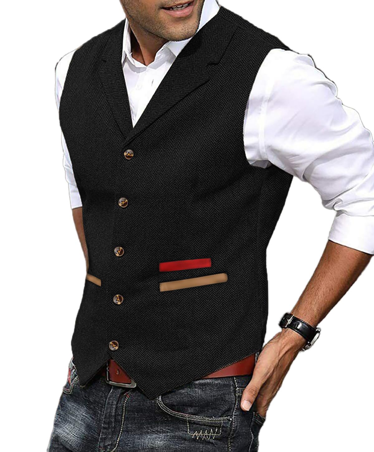 Yiaisafa Formal Mens Vests Tweed Waistcoats Wool Retro Herringbone Vintage Lined Wedding Groomsman Lined Hunting S-3XL(Black,XXXL)