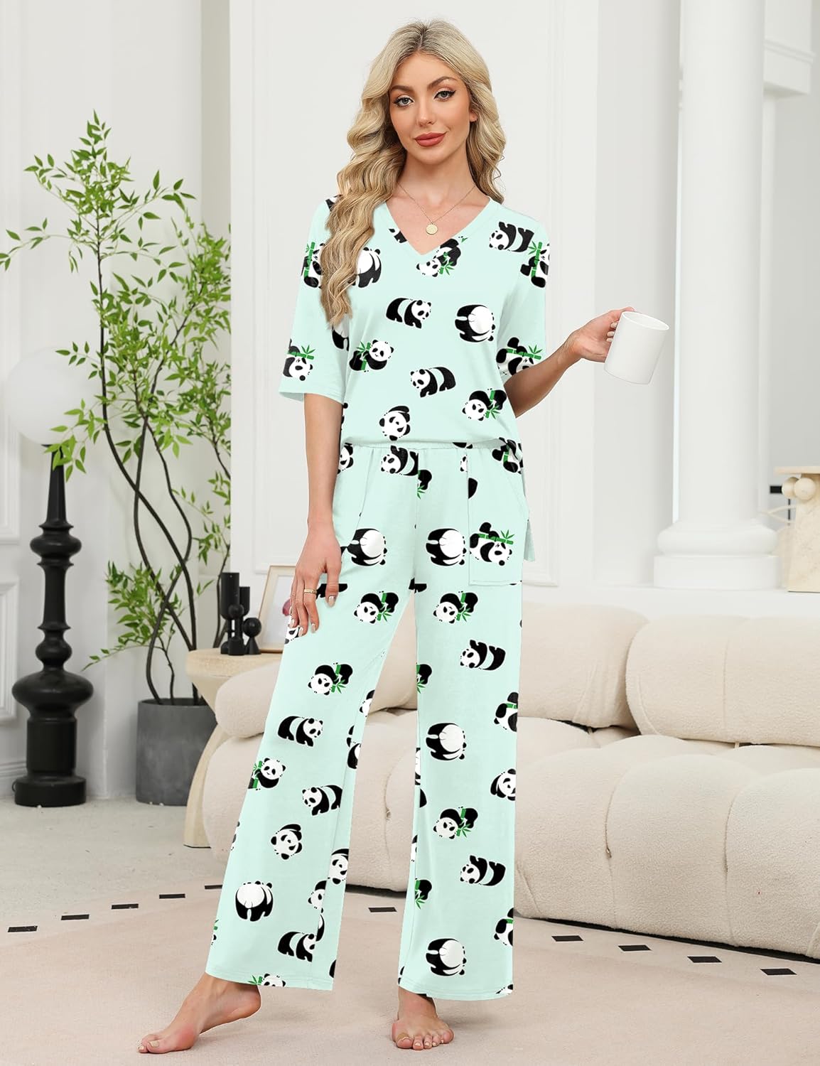 LOMON Women's 2 Piece Lounge Pajama Sets Soft 3/4 Sleeve Tops and Wide Leg Pants Loose Casual Outfits with Pockets - Image 2