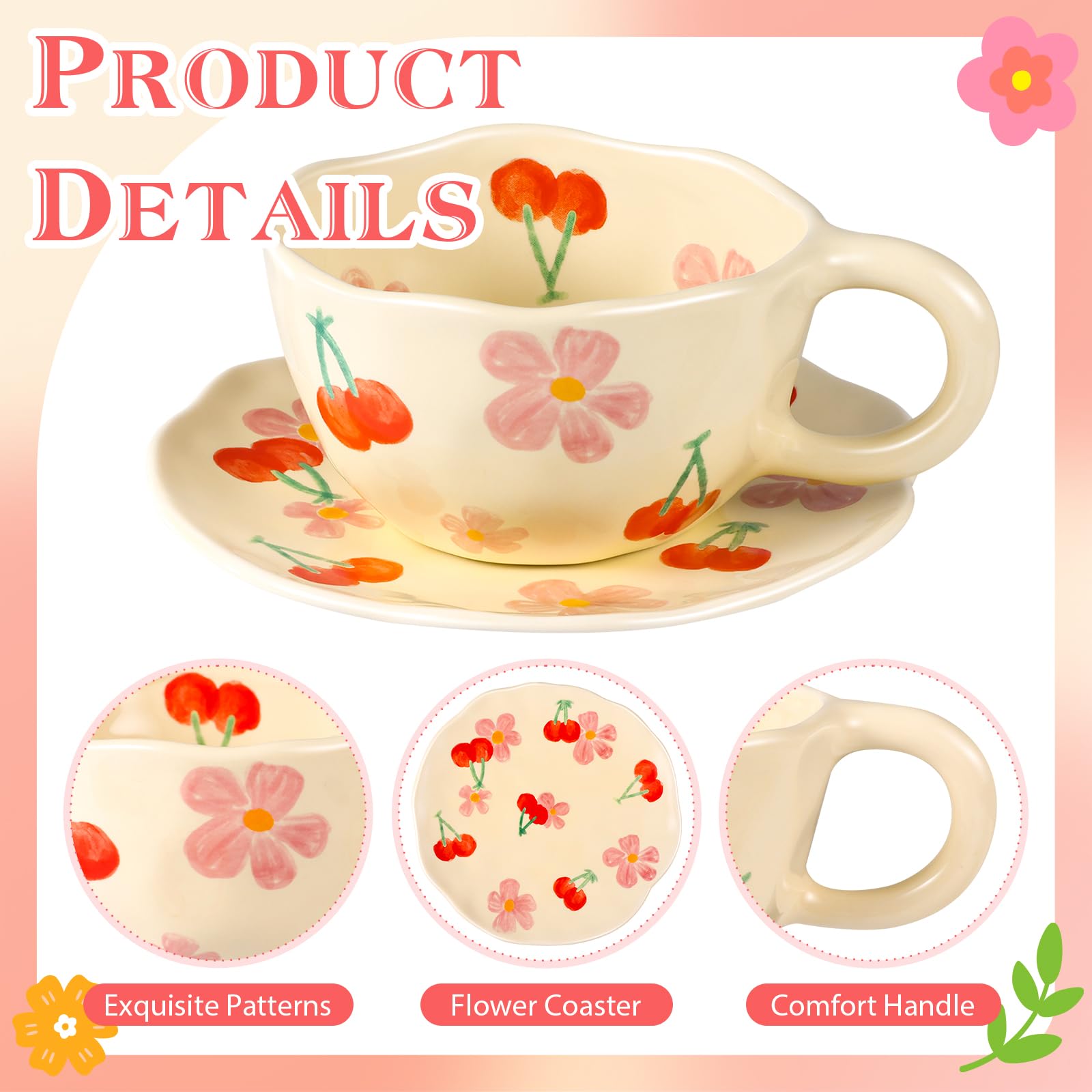 Set di 4 tazze da cappuccino con piattini, in ceramica, 226,8 g, per latte art e latte, stile vintage, per americano, tè, espresso, moka, latte, adatte al microonde e alla lavastoviglie