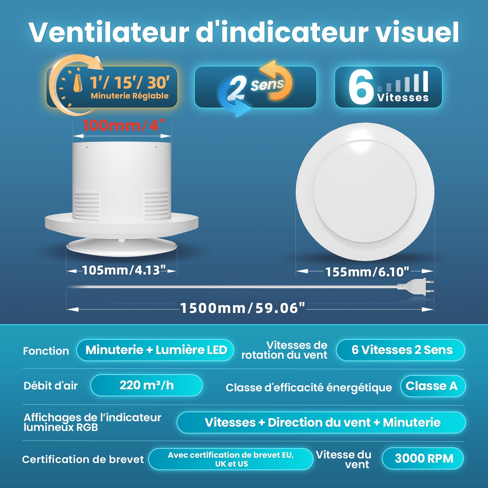 Ventilateur Extracteur d'air 100mm Timer, 3000tr/min 220m³/h, VMC 2 Sens 6 Vitesses avec LED Éclairage+Télécommande, Débit D'Air Puissant 2W Moteur DC Facile Installer Salle de Bain Lavoir Garage108E