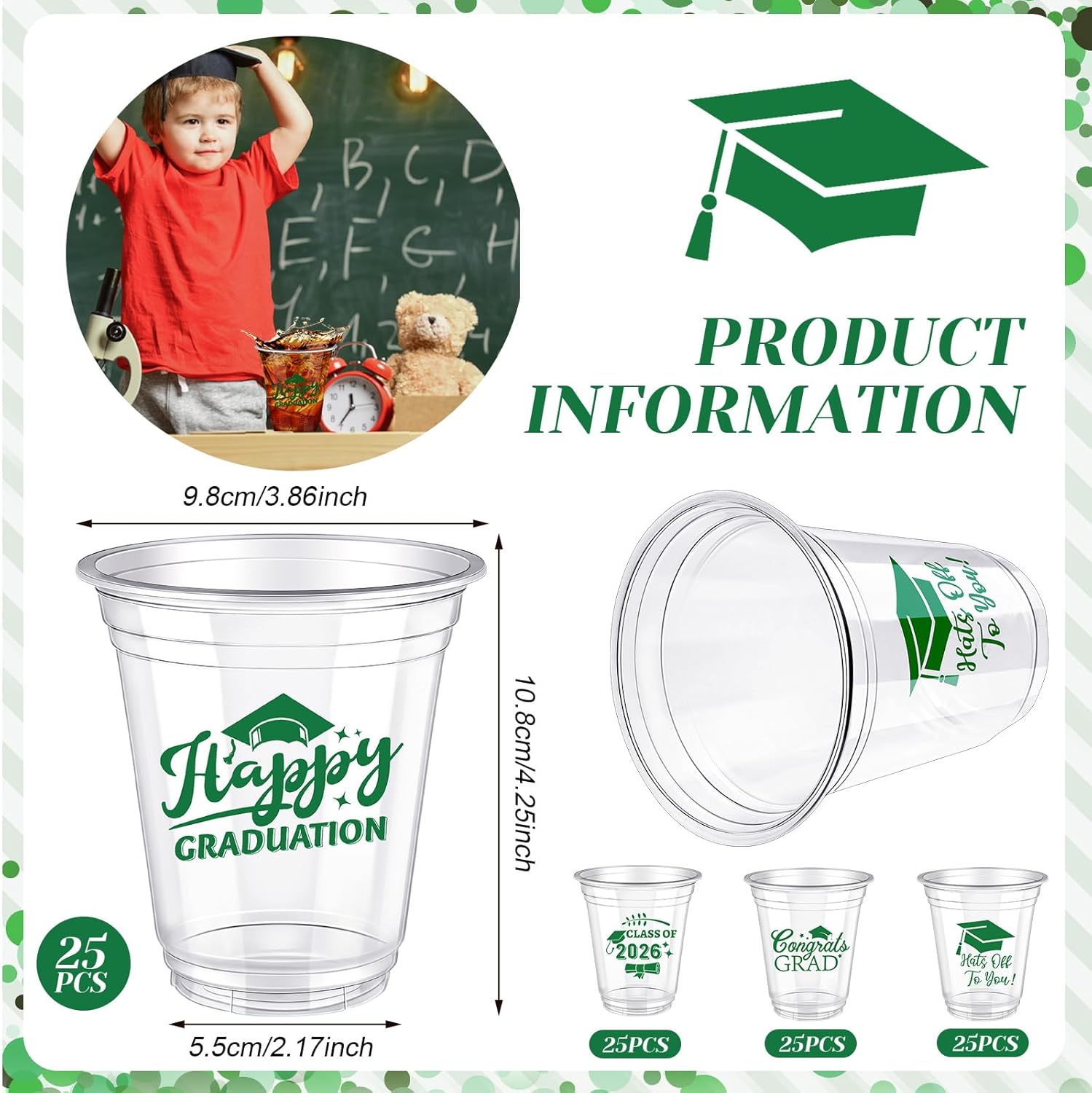 Eaasty 100 Pcs 12oz Graduation Cups 2026 Disposable Plastic Cups for Class of 2026 Graduation Party Congrats Grad Elegant Party Supplies Tableware Decorations (Green)