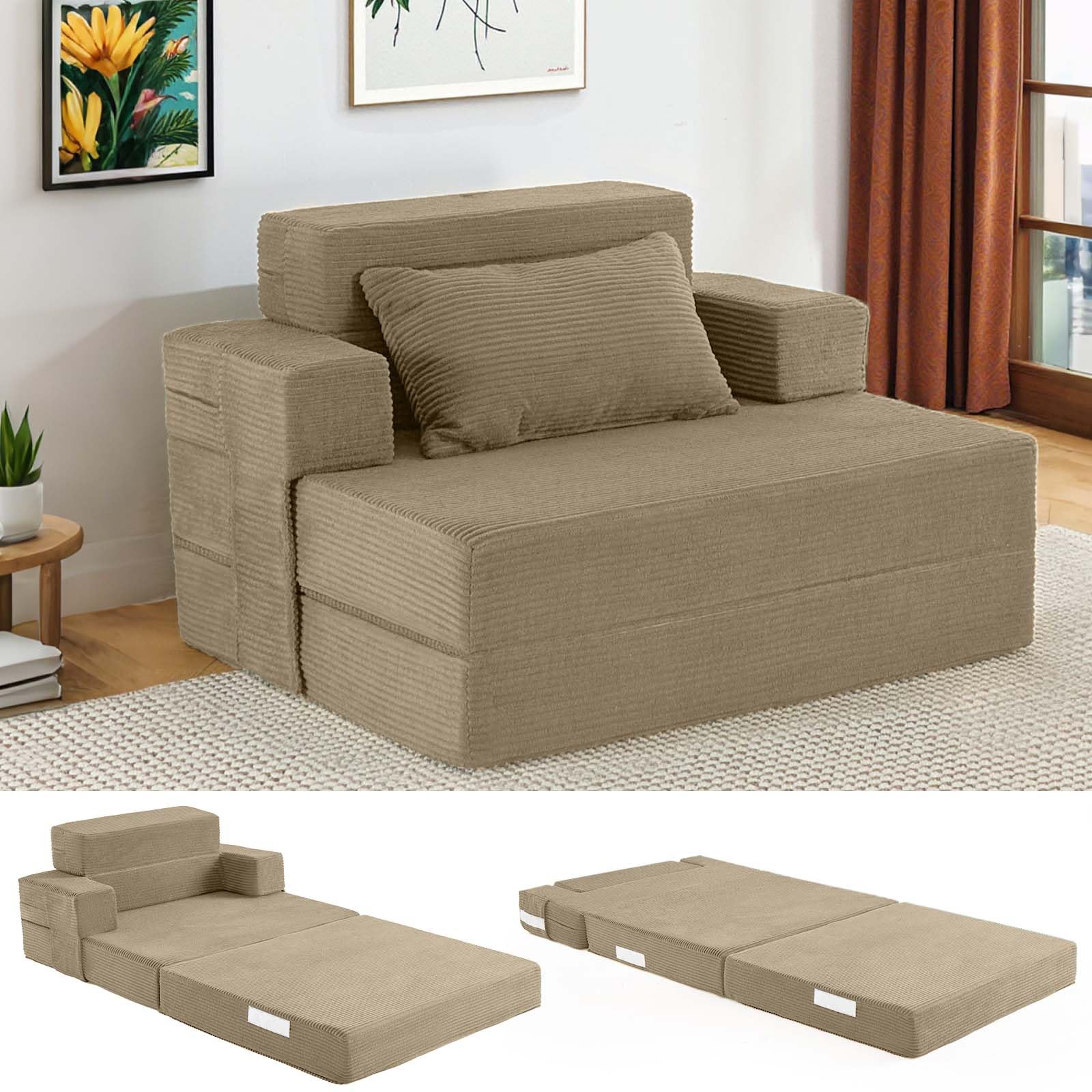 Fantico Folding Sofa Bed Single – Convertible Chair Bed with Pillow & Armrests, Foldable Futon Mattress with Back Support, Boneless Sofa Bed for Living Room, Light Taupe