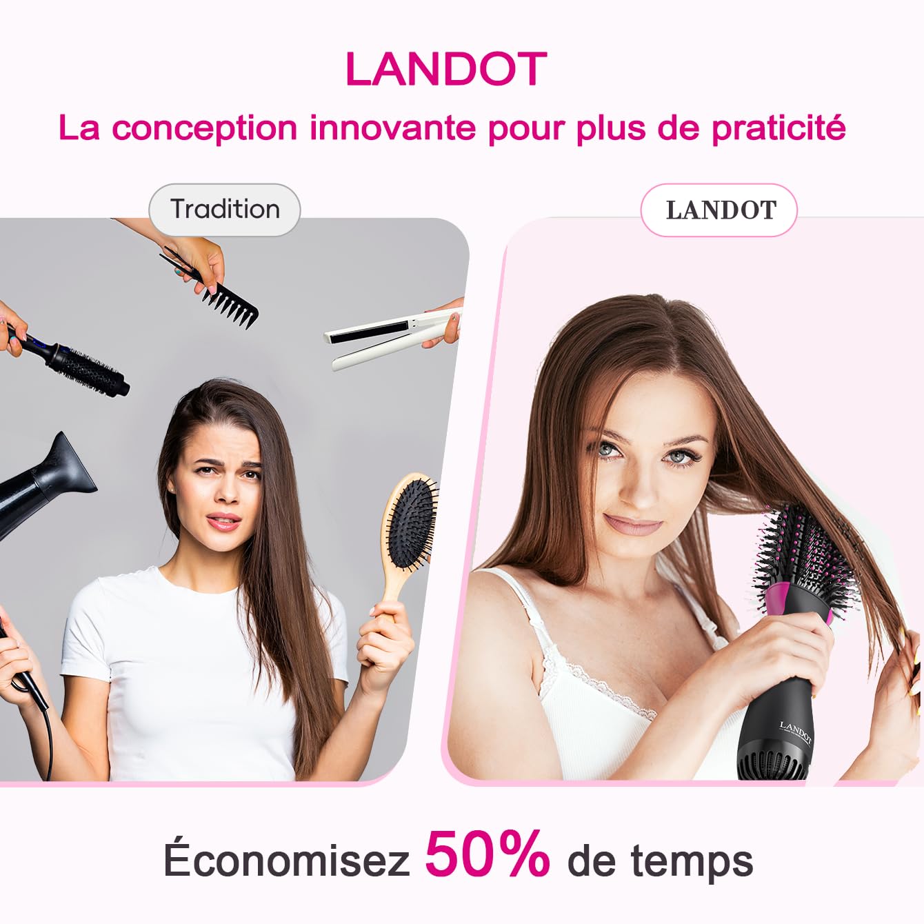 Brosse Soufflante Chauffante, Sèche-Cheveux Brosse 3 en 1 - Brushing Express Anti-Frisottis, 3 Modes de Chaleur, Ions Négatifs pour Cheveux Lisses et Brillants