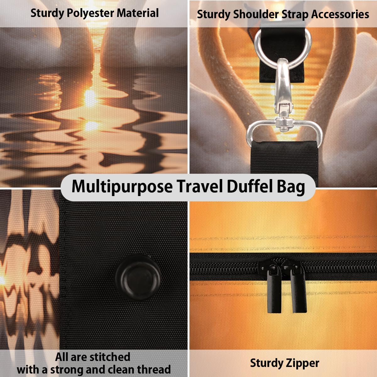 Sunset Swan Couple Travel Duffel Bag for Women Men Large Capacity Overnight Weekender Bags for Lightweight Waterproof Sport Gym Bag for Workout Yoga Swim