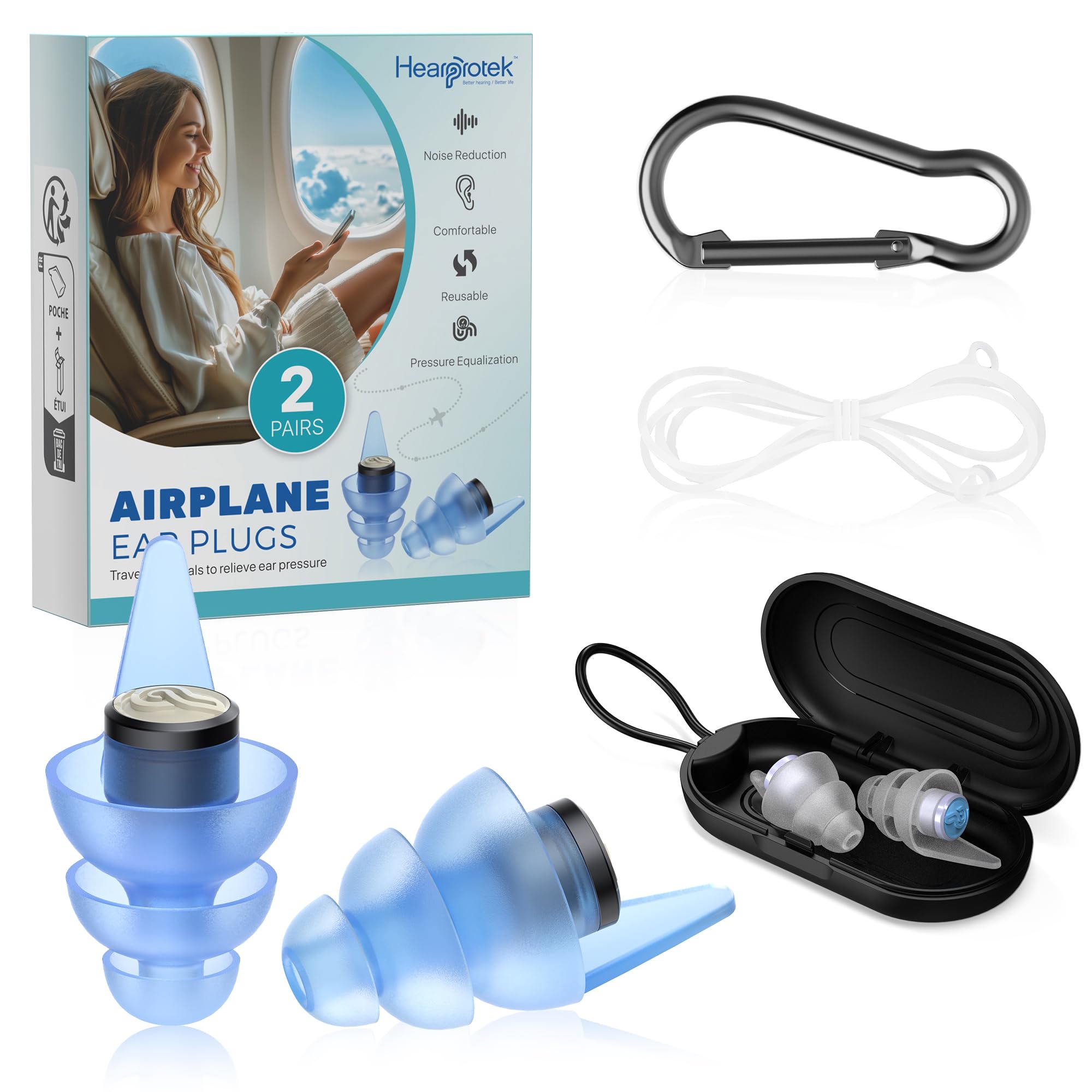 Hearprotek Ear Plugs for Flying, 2 Pairs Reusable Silicone Flight 24db Noise Reduction Earplugs for Air Pressure with Carrying Case, Travel Essentials for Adults M&L Size