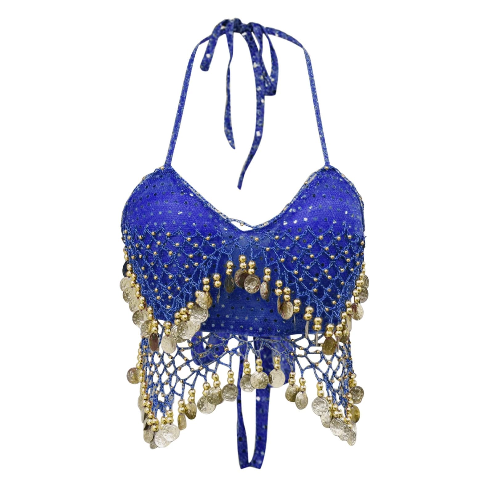 Tops de danza para mujer,Sujetador de traje de danza del vientre para mujer con cuentas de lentejuelas, top corto sin tirantes, traje de danza del vientre