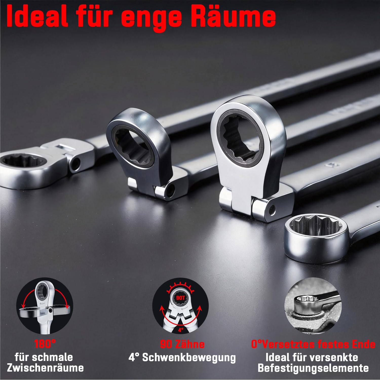Flex-Ratschen-Set,8-19mm 12-tlg Doppel Ringschlüssel Satz,Extra langer Schraubenschlüssel, CV-Stahl 8mm-19mm