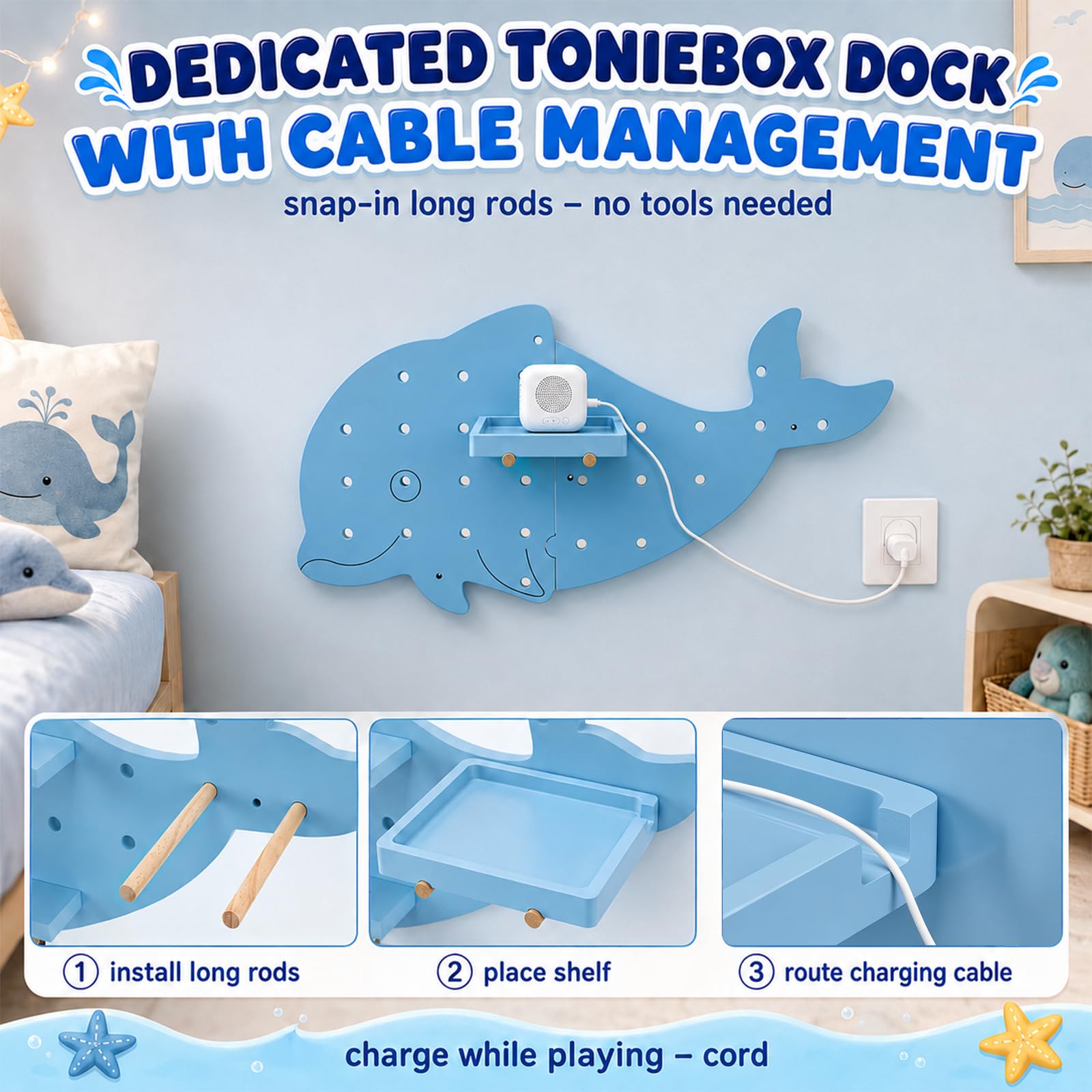 Étagère Tonie Dauphin Bleu, étagère murale pour Toniebox et Figurines