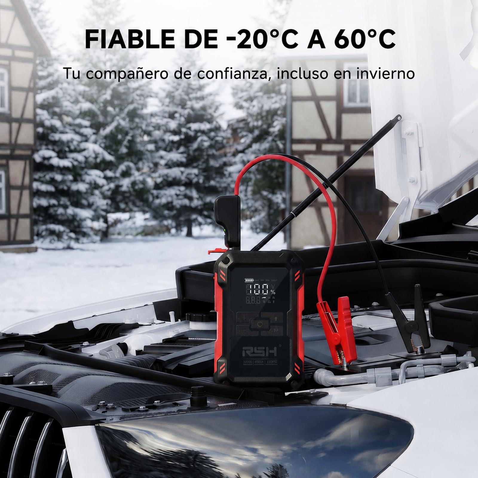 RSH Arrancador de Baterías de Coche 4000A con Compresor de Aire 150PSI – Jump Starter Portátil 12V 10000mAh para 9,0L Gasolina y 6,5L Diésel – Pantalla LCD, Linterna LED, Carga USB 18W