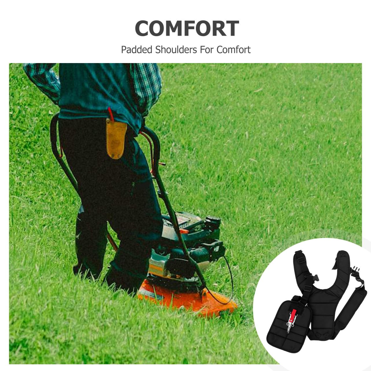 GALPADA Arnés de Doble Hombro Acolchado para Desbrozadora de Profesional, Nylon Negro, Cinturón con Hebilla para Césped