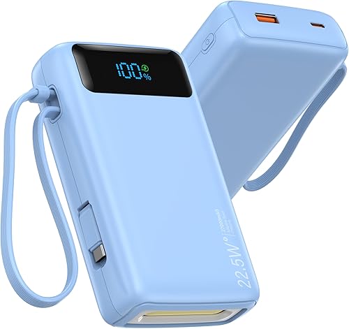 Cargador portátil, 27000 mAh 22.5 W, cargador de batería de carga rápida con cable integrado, batería USB C con pantalla LED y luz flash, cargador