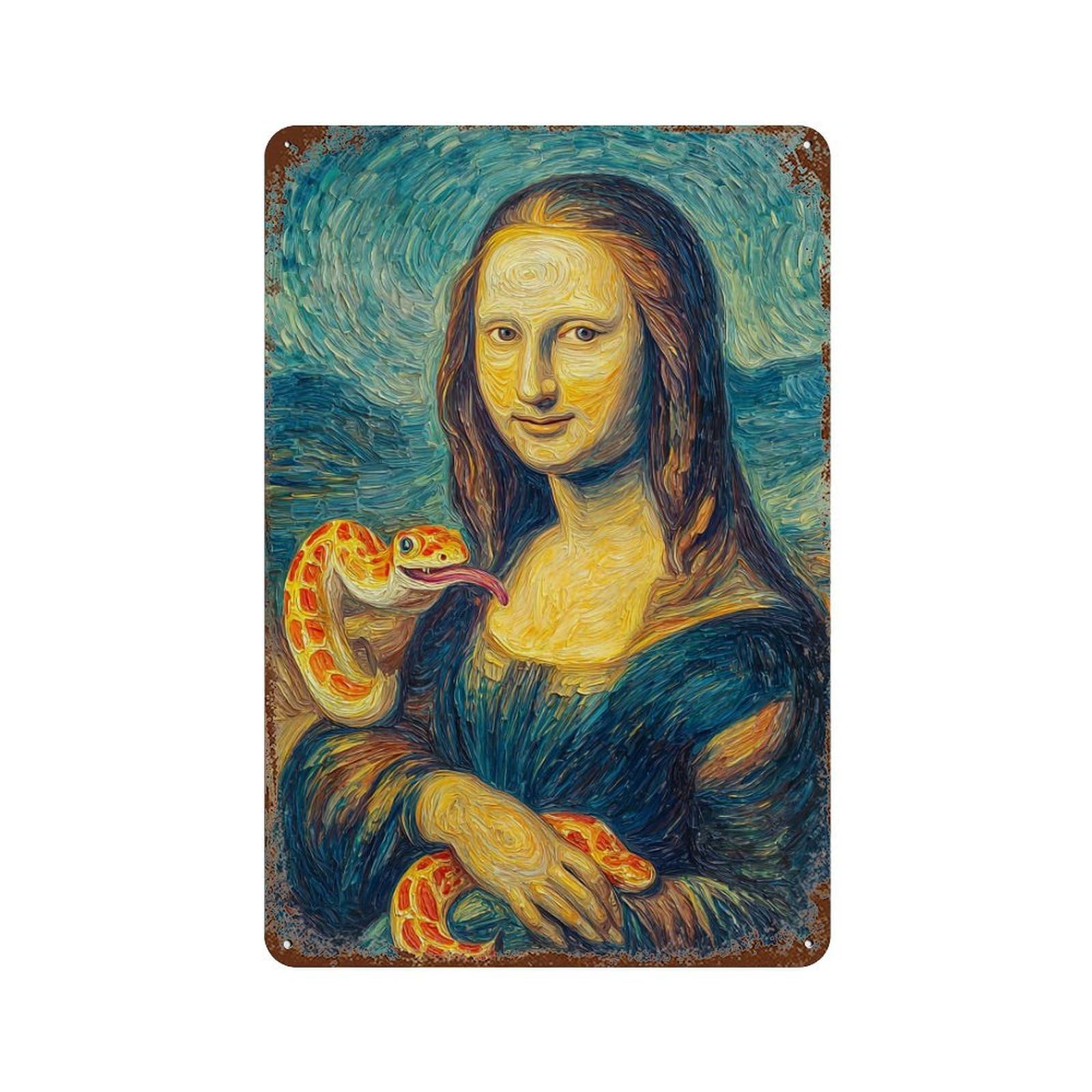 Mona Lisa with Snake Art Print-1 Rust Effect Tin Sign 11.8"x7.9", Ideal for Cafe, Home Bar And Lounge Decor