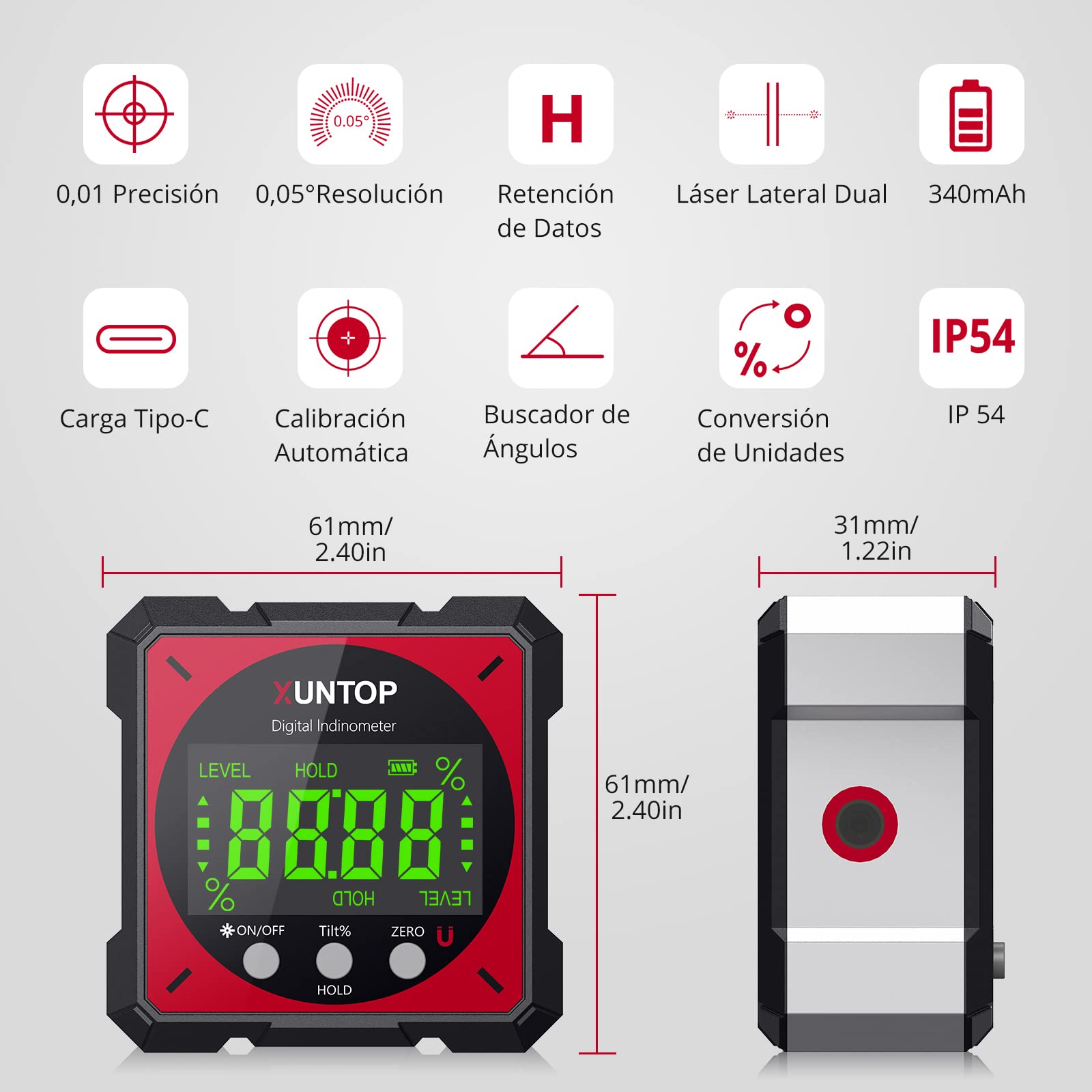 XUNTOP Inclinometro Digital 4x90° Caja de Nivel Digital con Láser Electrónico Inclinómetro Digital Impermeable IP54 para Automóviles, Carpintería, Construcción