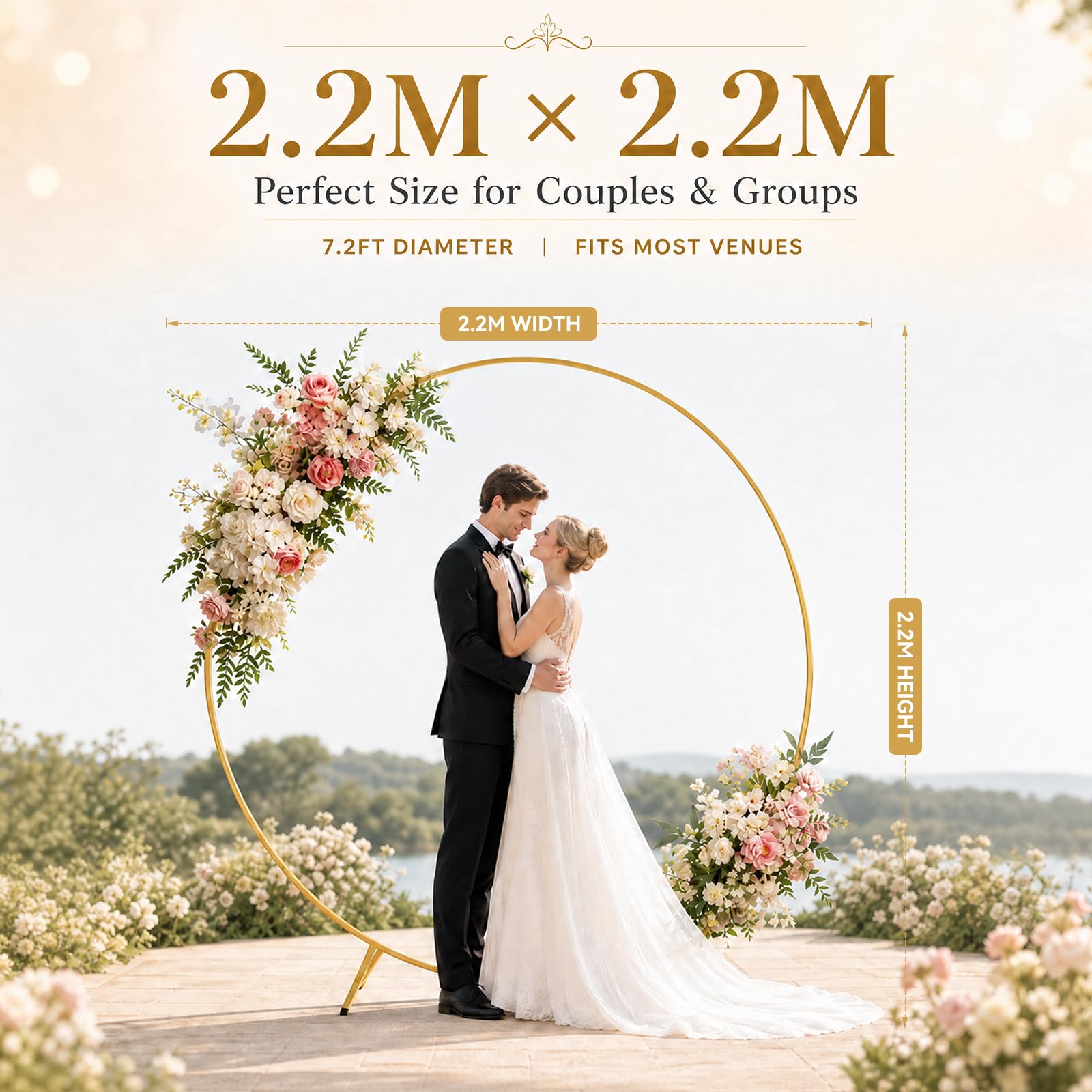 2,2x2,2m Runde Ballonbogen, Metall Luftballon Bogen, Golden Hochzeitsbogen