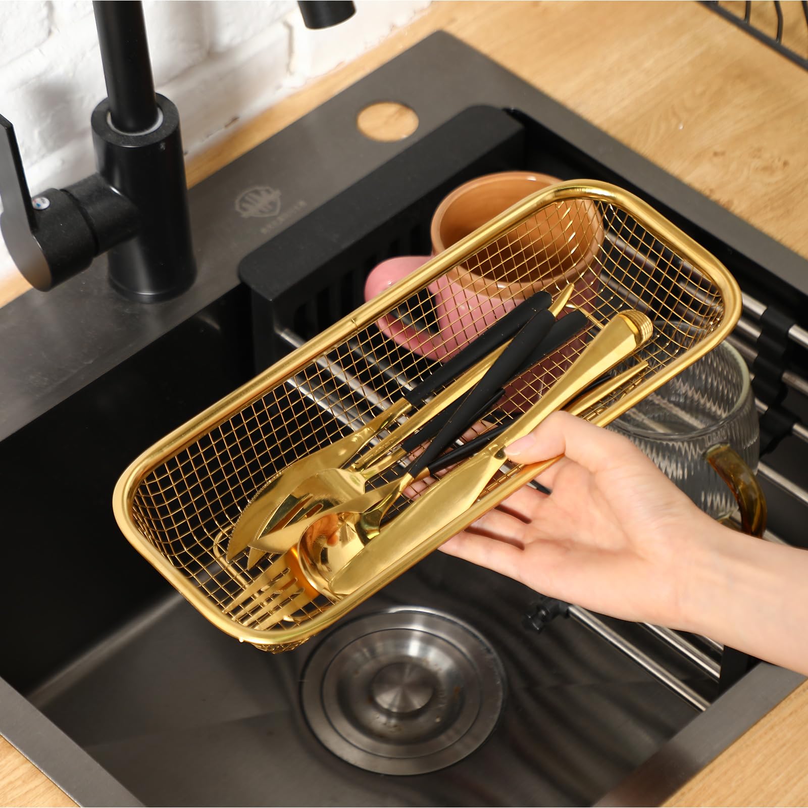 4 cestas doradas para cajones de cocina de acero inoxidable, contenedor de almacenamiento de malla, soporte dorado para utensilios de cocina, cesta de alambre apilable, 12 x 5 x 2 pulgadas 4