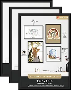 Picrit 12x18 Picture Frame, Black Poster Frame, Display Poster 11 x 17 with Mat or 12 x 18 without Mat for Horizontal or Vertical Wall Mounting, 3 Pack
