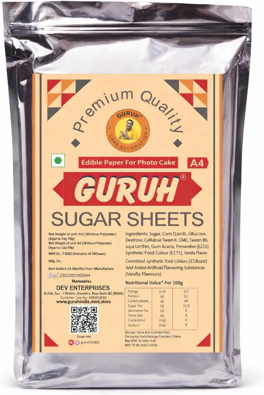 Guruhยฎ Sugar Sheet | Edible Paper For Photocake | Icing Sheets | cake decoration items | 25 Pieces | A4