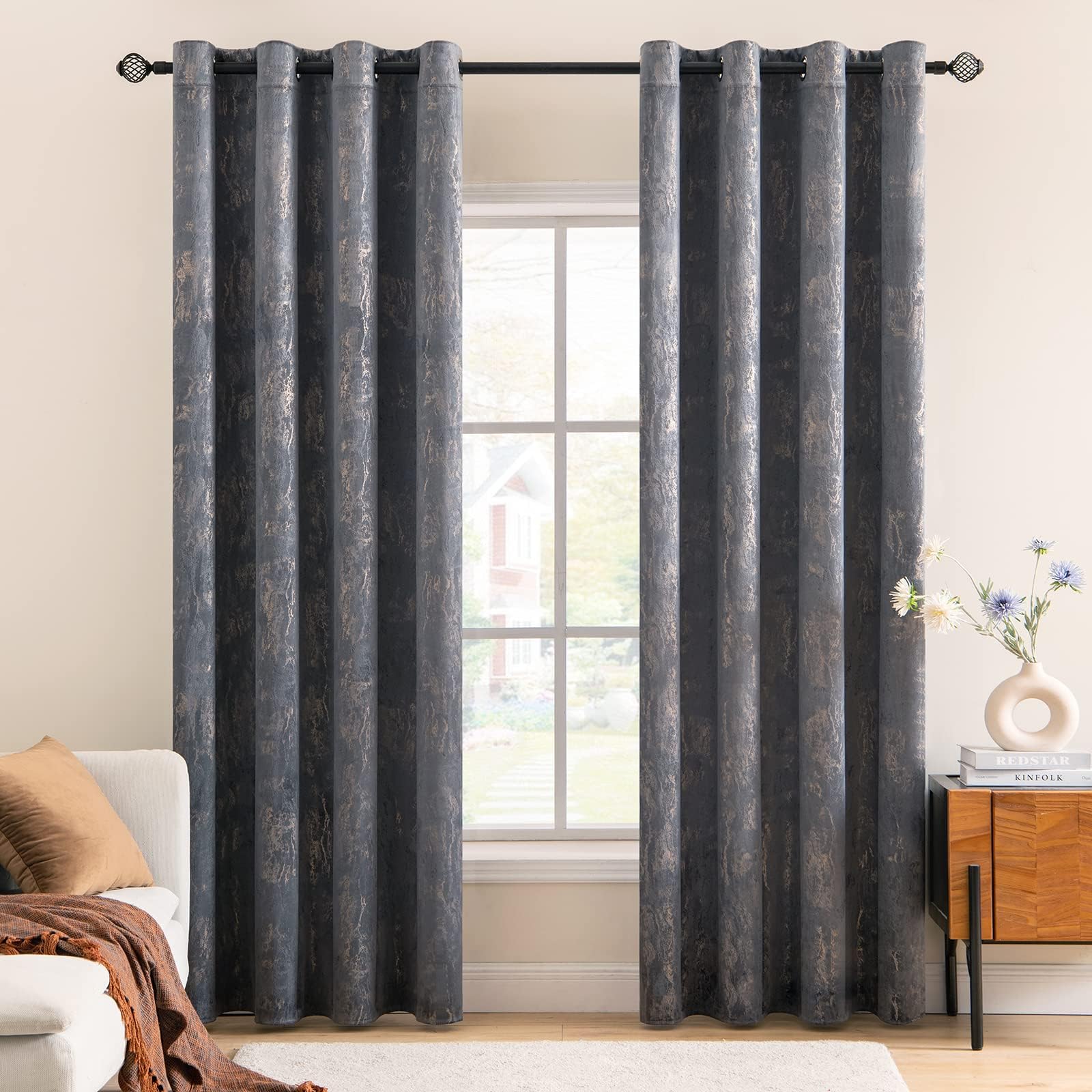 MIULEE Grey Velvet Curtains with Gold Foil,2 Panel Set 72 Inch Drop Curtains,Blackout Curtains Bedroom Super Soft Thermal Insulated Eyelet Blackout Curtains for Living Room 46 x 72 Inch