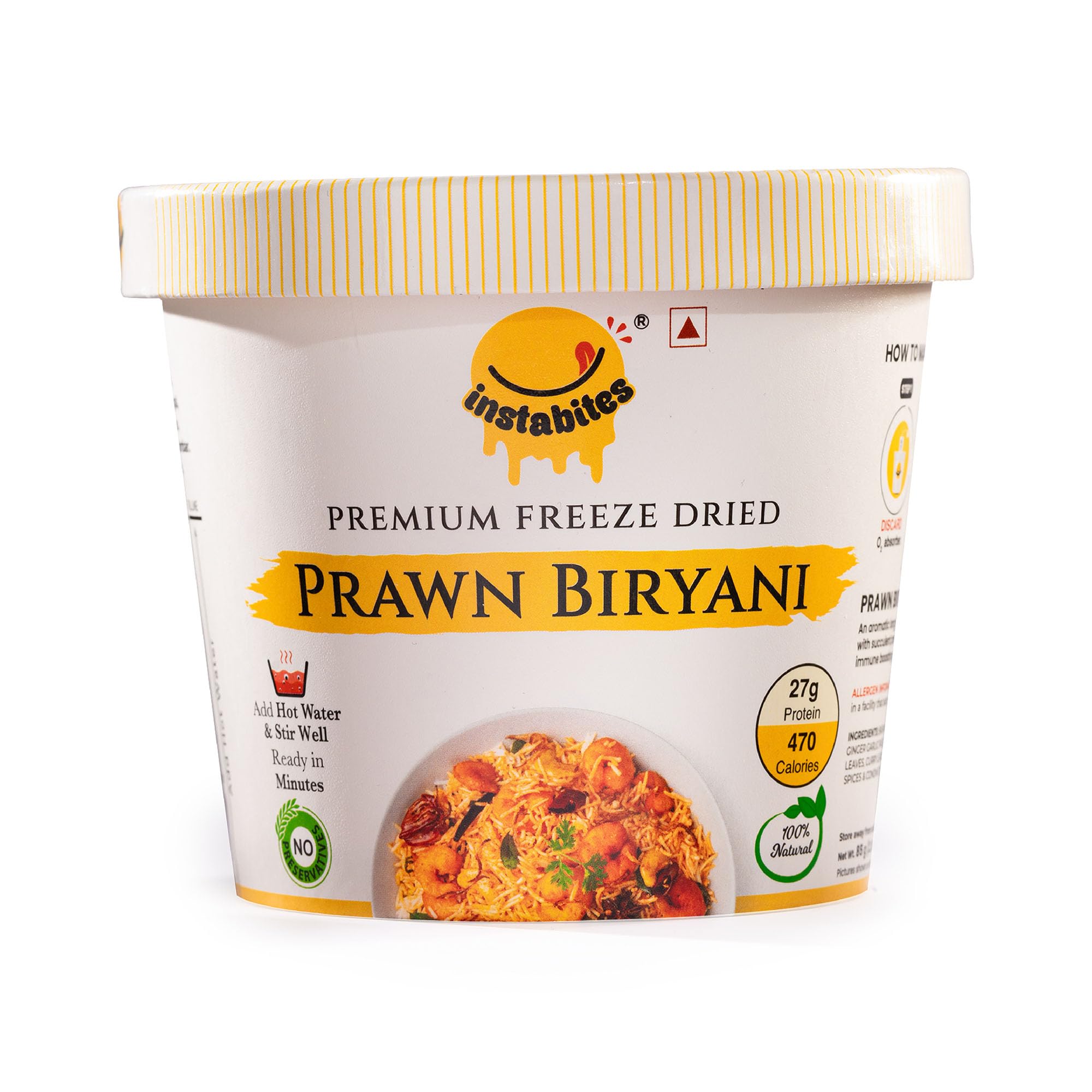 Instabites Ready to Eat Prawn Biryani Cup 65g, No Added Preservatives and Ready to Eat in Minutes - Pack of 1