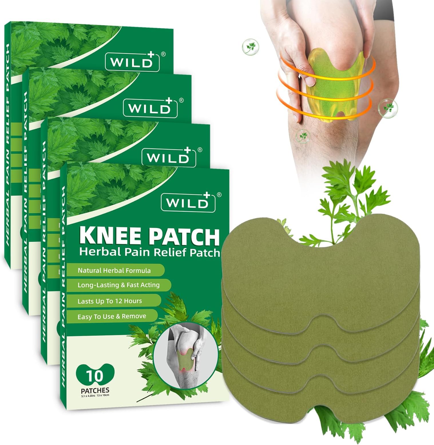 40PCS Knee Pain Relief Patches, WILD+ Natural Herbal Knee Patches Heat Patch for Pain Relief, Wormwood Knee Pain Relief Plaster for Arthritis, Neck/Shoulder/Back/Joint Pain, Muscle Soreness