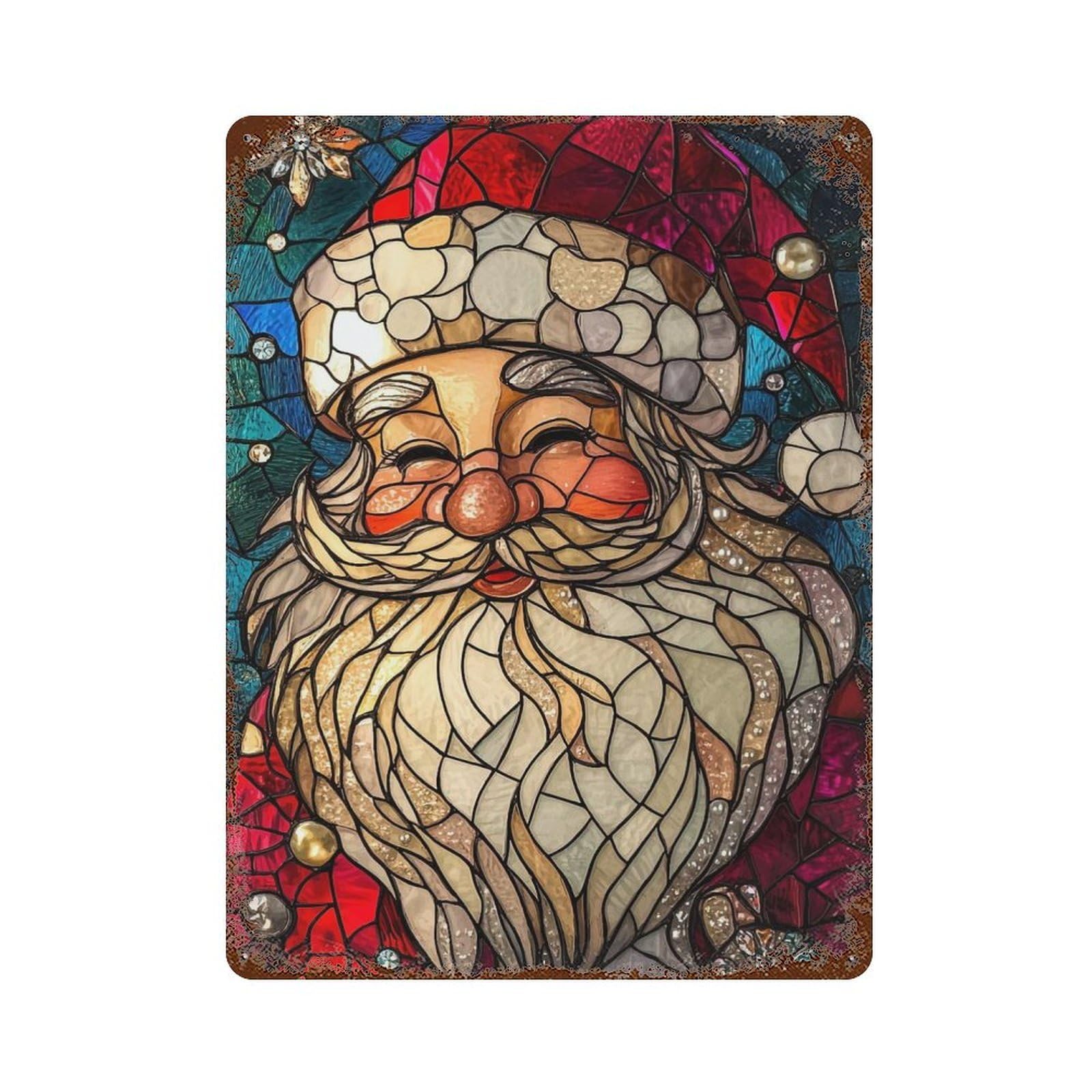 Vintage Rust Metal Sign Stained Glass Santa Claus 15.7"x11.8", Shabby Chic Decor for Cafe, Home Bar And Lounge Decor