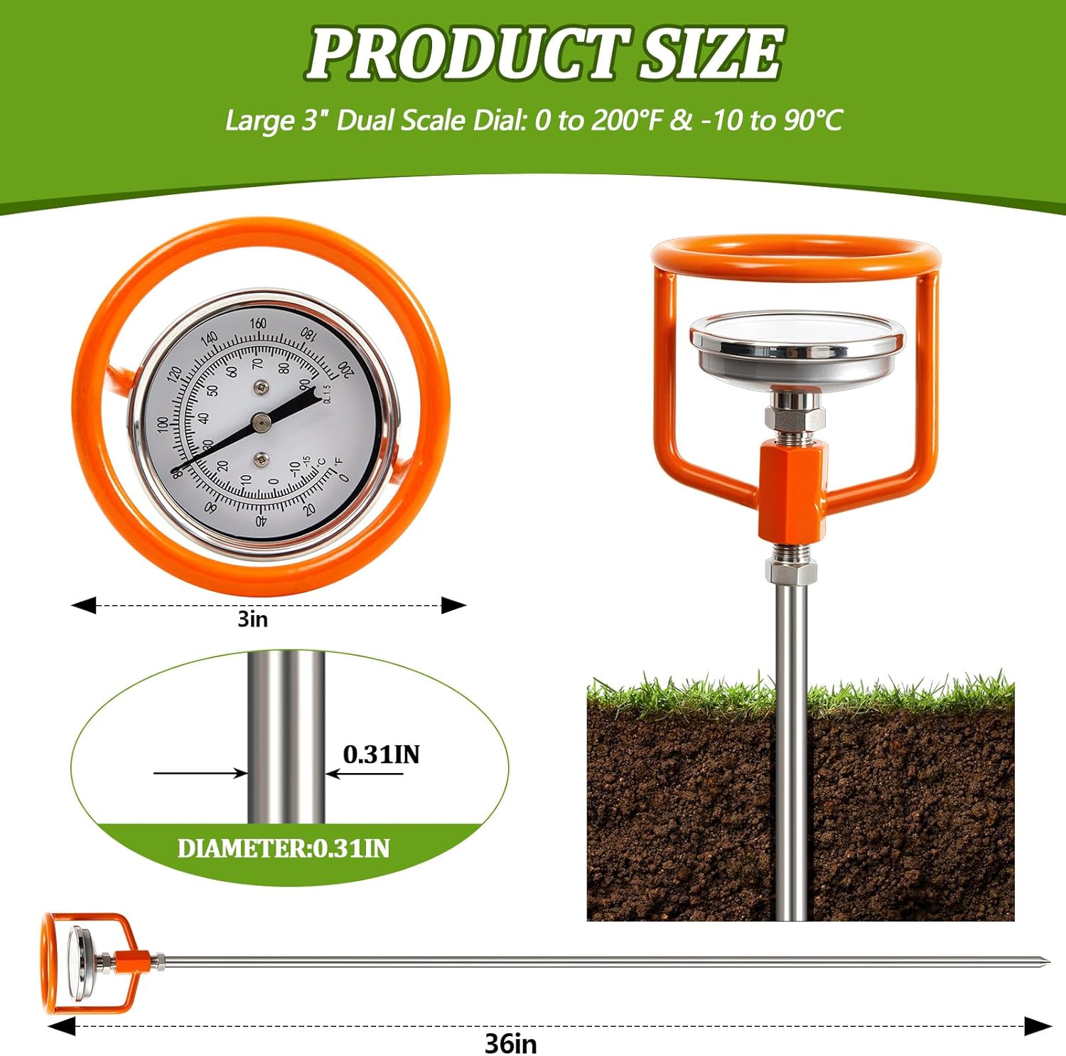 Heavy Duty Compost Thermometer with Probe Guard Bundle 36 Inch Stem Fahrenheit and Celsius Outdoor Compost Thermometer, Stainless Steel, Outdoor