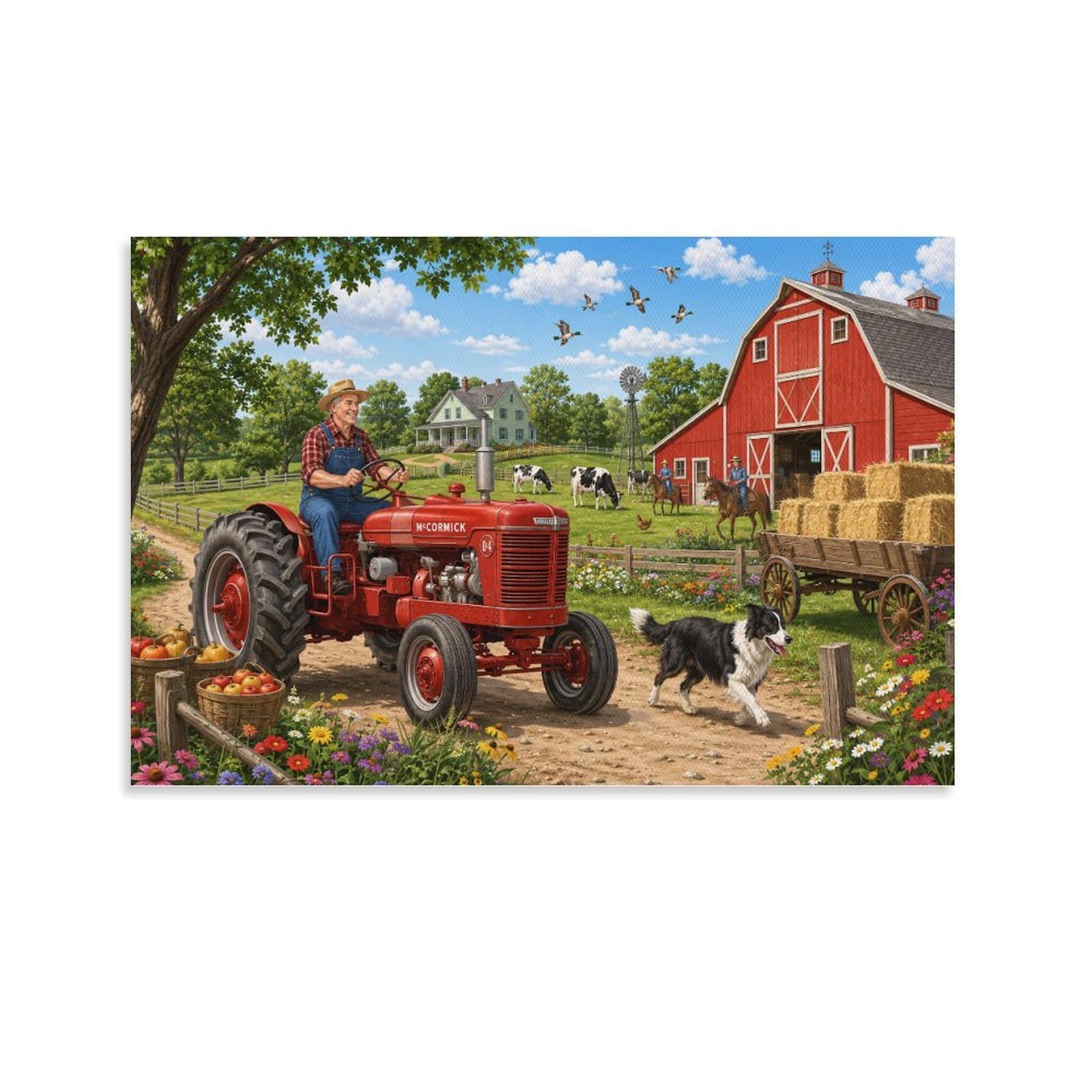 ASDFGHJKLZA Red Tractor Farm Harvest Canvas Prints HD Wall Art Modern Pictures Poster Decor for Home, Office, Bedroom, Dining Room Decorations, Gift 24x36inch(60x90cm)
