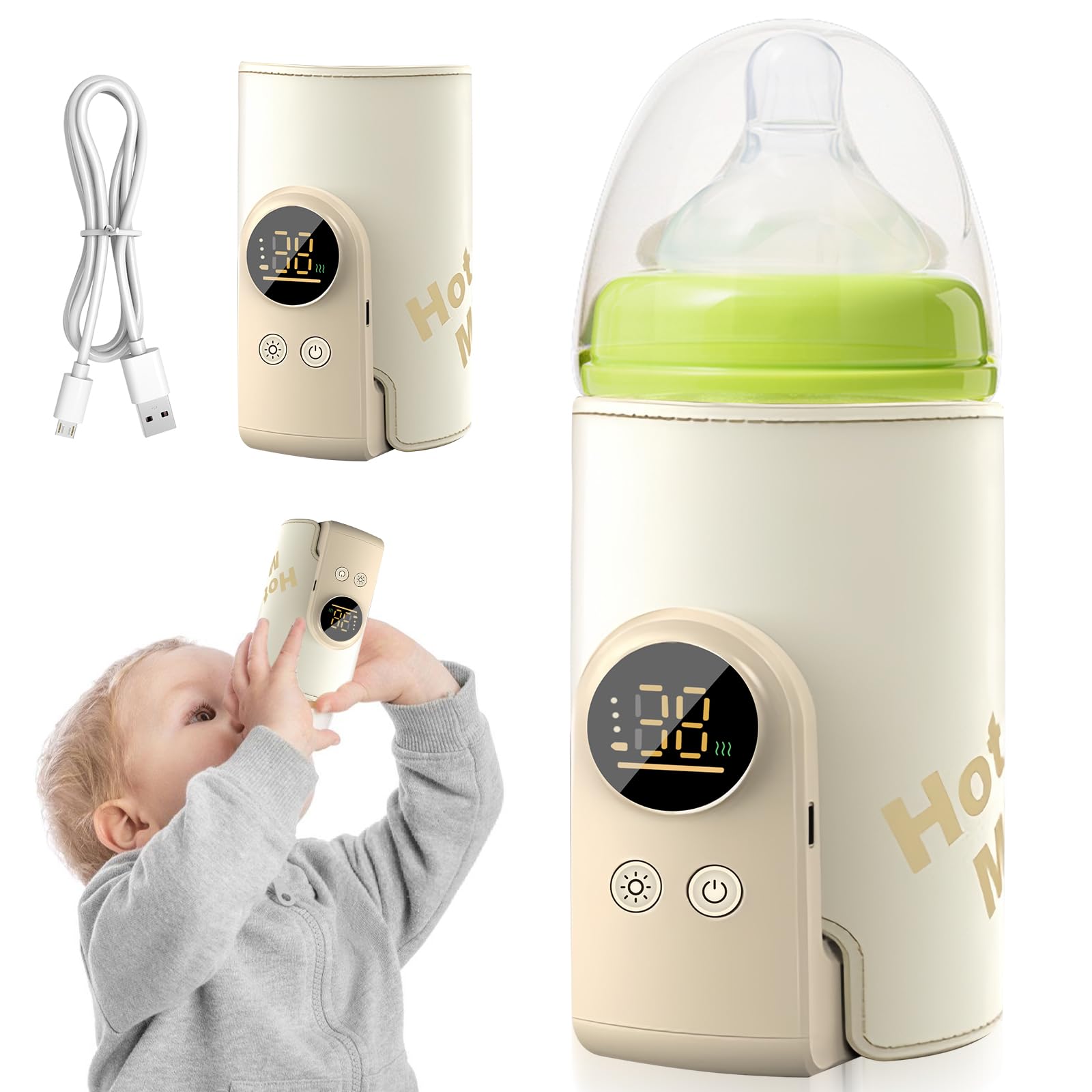 Scaldabiberon per neonati: crema scaldabiberon portatile in viaggio, 6 temperature regolabili 38-50 ℃, borsa portatile scalda latte materno con display a LED, ricarica di tipo C