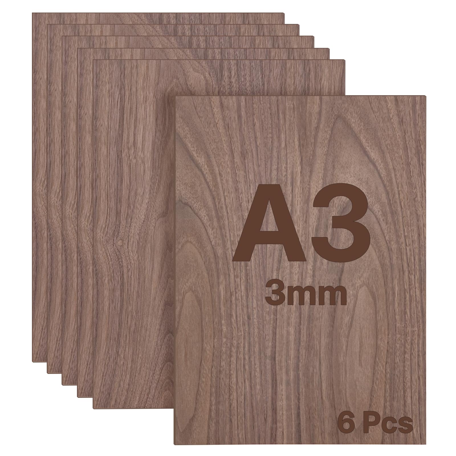 WISYOK Pannello di compensato 3 mm A3, 6 pannelli in legno di noce, taglio su misura, per fai da te, compensato per taglio laser, sega a foglie, modellismo, pirografia, router CNC, pittura, pittura