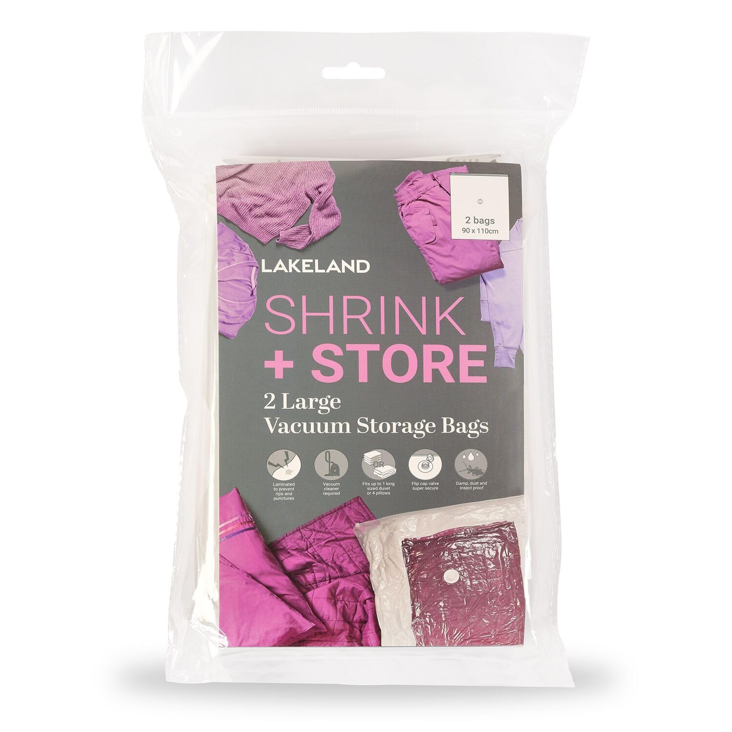 Lakeland Shrink & Store Large Vacuum Storage Bags (2 Pack) – Heavy-Duty Space Saving Compression Bags With Anti-Leak Valve & Dual-Zip Seal For Clothes, Bedding, Pillows & Duvets