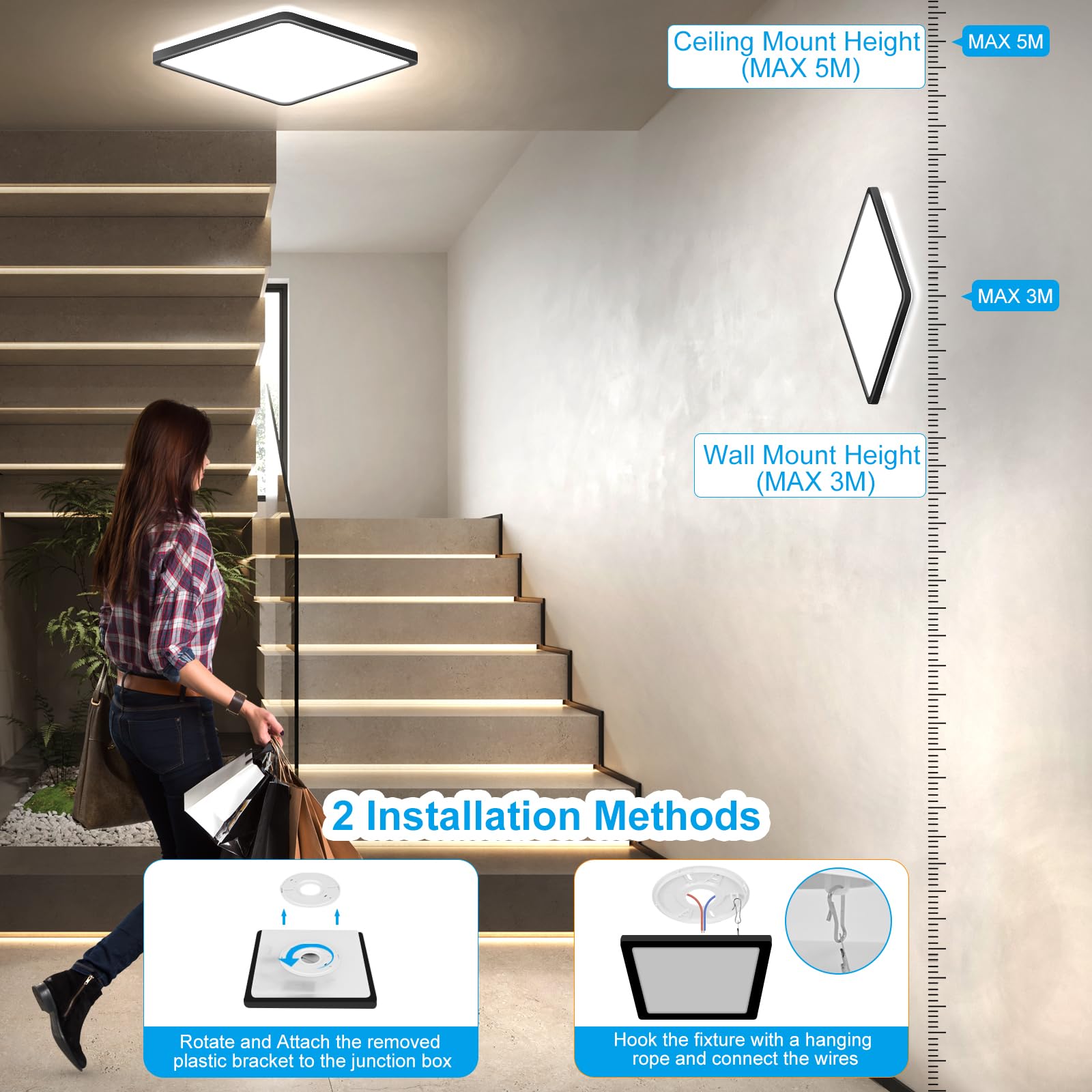 2PCS LEZOE LED Deckenleuchten mit Bewegungsmelder, 24W 2400LM Radar Sensor LED Deckenlampen Dimmbar Fernbedienung, 3000K/4000K/6500K Sensorlampe Für Bad, Treppen, Keller, Flur, Diele 30*2.5CM Schwarz
