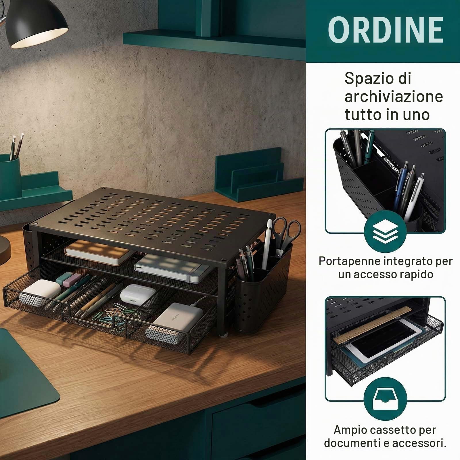 Alzaschermo con Cassetto e 2 Portapenne – Organizzatore da Scrivania Ergonomico per Monitor e Laptop, Supporto per Accessori Ufficio e Sistema di Archiviazione per Home Office