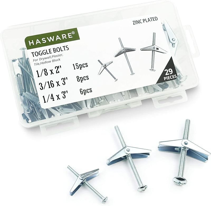 HASWARE Toggle Bolt 29 Pcs Zinc Plated Steel 1/8",3/16",1/4" and Wing Nut Assortment Kit for Hanging Heavy Items on Drywall