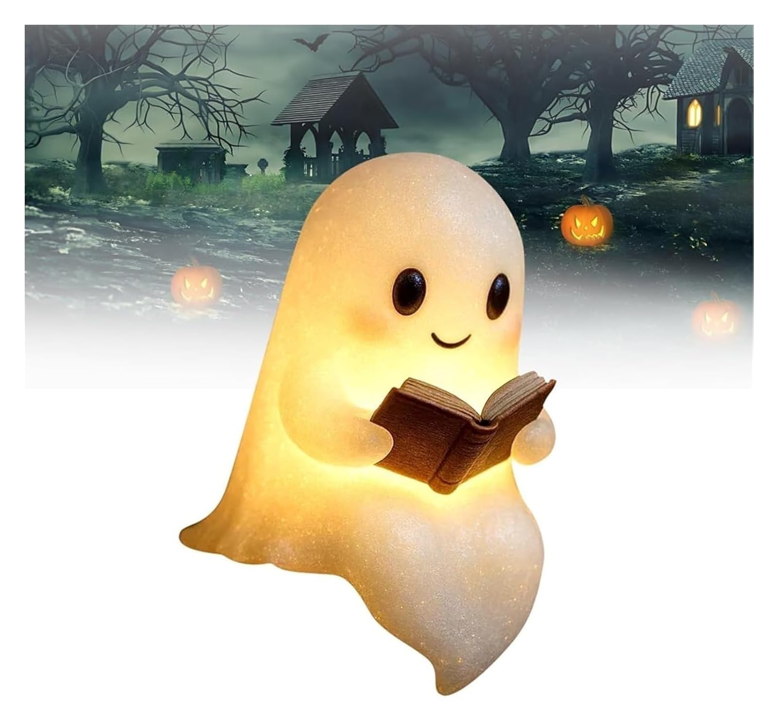 Cute Ghost Reading Book Lamp, 3D Resin Halloween Ghost Night Light, Ghost Warm Lighted Indoor Figurine Lamps For Party Bedroom Study Room Funny Indoor 3D LED Nightlight Figurine(9.5*8.5*14 CM)