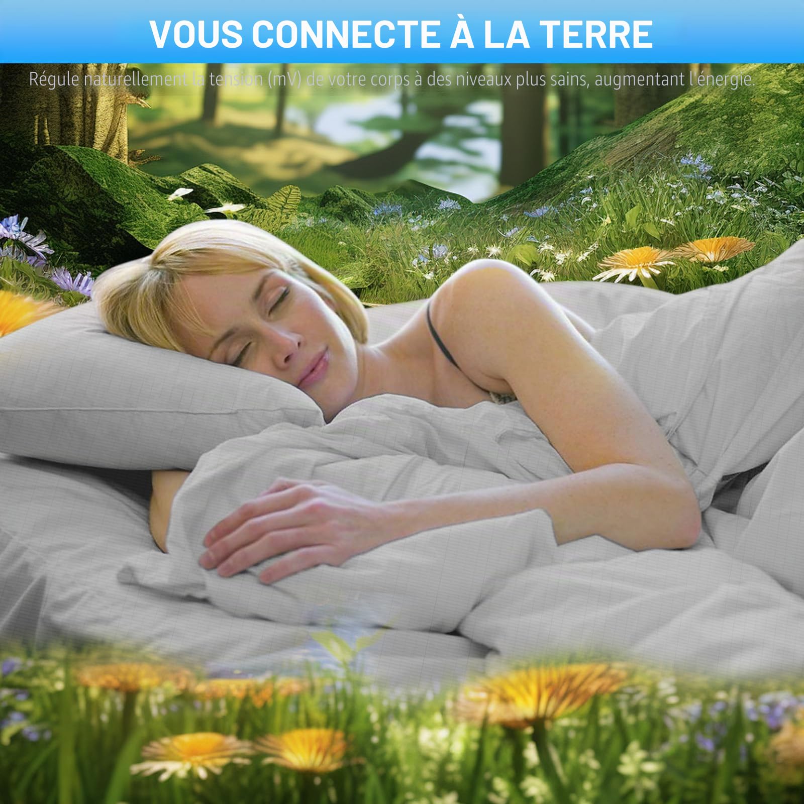 Drap de Mise à la Terre, 140x200cm, Tapis de Mise à la Terre conducteur avec câble de Terre UE, Feuille de Mise à la Terre avec 5% Fibre d'argent 95% Coton Biologique pour Un Meilleur Sommeil