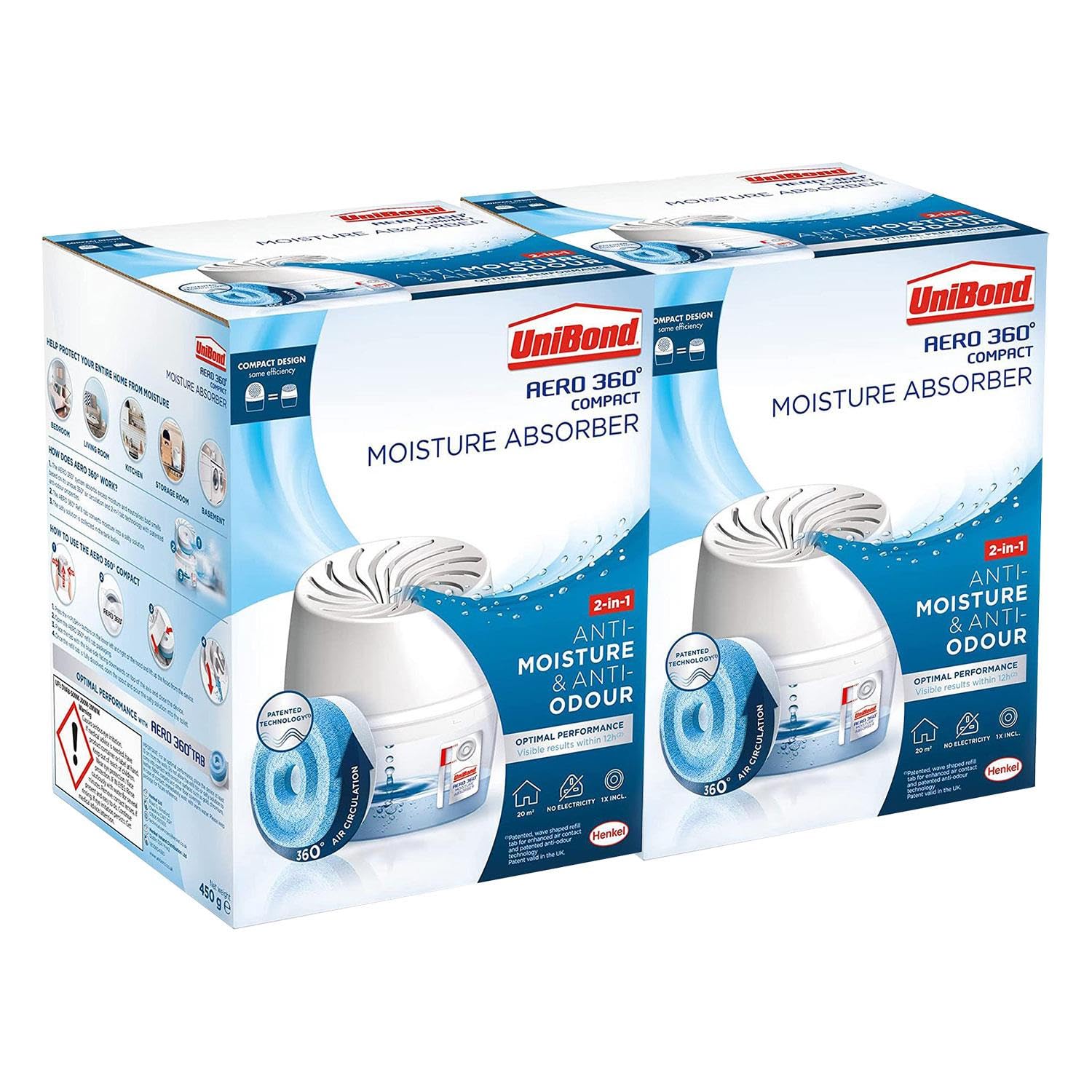 UnibondAERO 360 Compact Moisture Absorber Ultra-Absorbent Dehumidifier Helps to Prevent Condensation Mould and Musty Smells, 1 Device incl. 1 Refill Tab 450g in each box, Bulk Buy 2 Pack