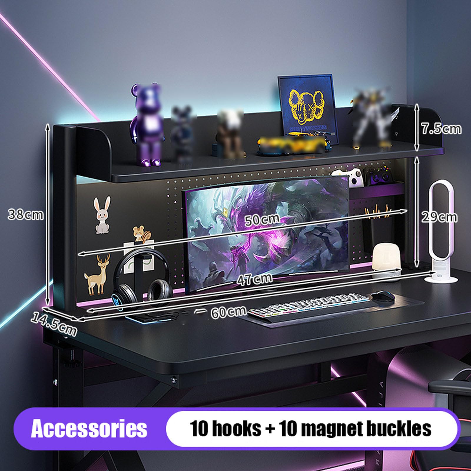 Scaffalatura da scrivania in metallo con ganci regolabili, ideale per organizzare accessori da scrivania
