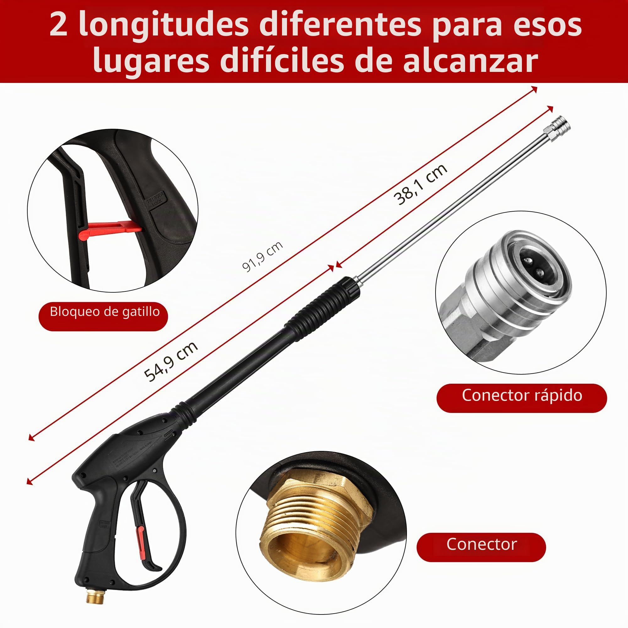 FENG PAI - Pistola de lavado a presión con varilla de extensión de 38,1 cm y manguera de 7,6 m, 5 puntas de boquilla de conexión rápida, repuesto de manguera y varilla para lavadora a presión, racor