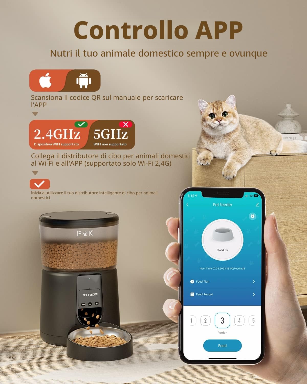 PUPPY KITTY Distributore Automatico Cibo per Gatti e Cani, 2.4G Wifi Mangiatoia Automatica con Timer, Funzione di Registrazione del Suono, Fino a 10 Pasti al Giorno