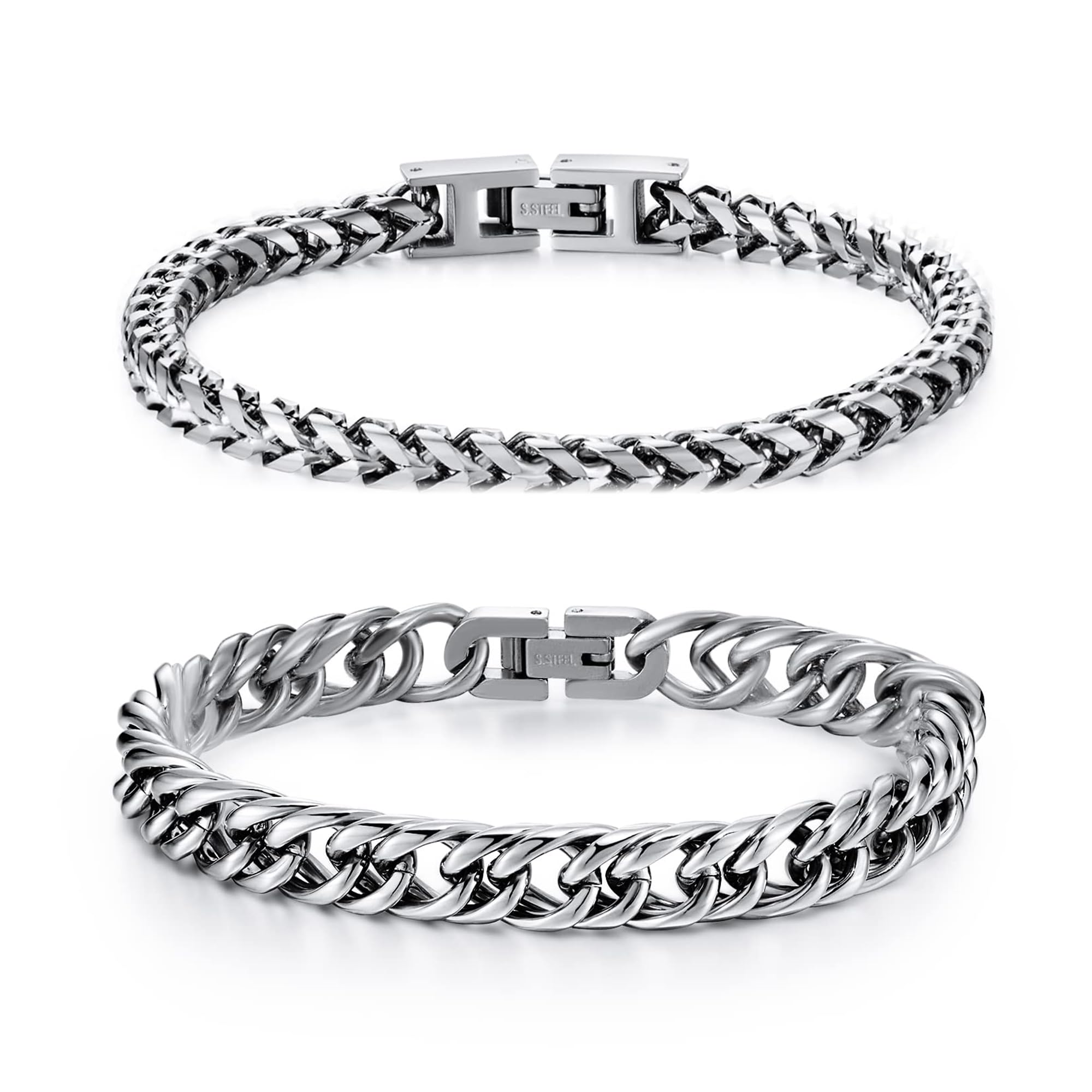 LUCKY2+72PCS Stainless Steel Bracelets for Men: Fold Over Clasp Franco Chain & Cuban Chain - Ideal Gifts for Dad, Grandpa, Boyfriend, Husband, Son, Brother