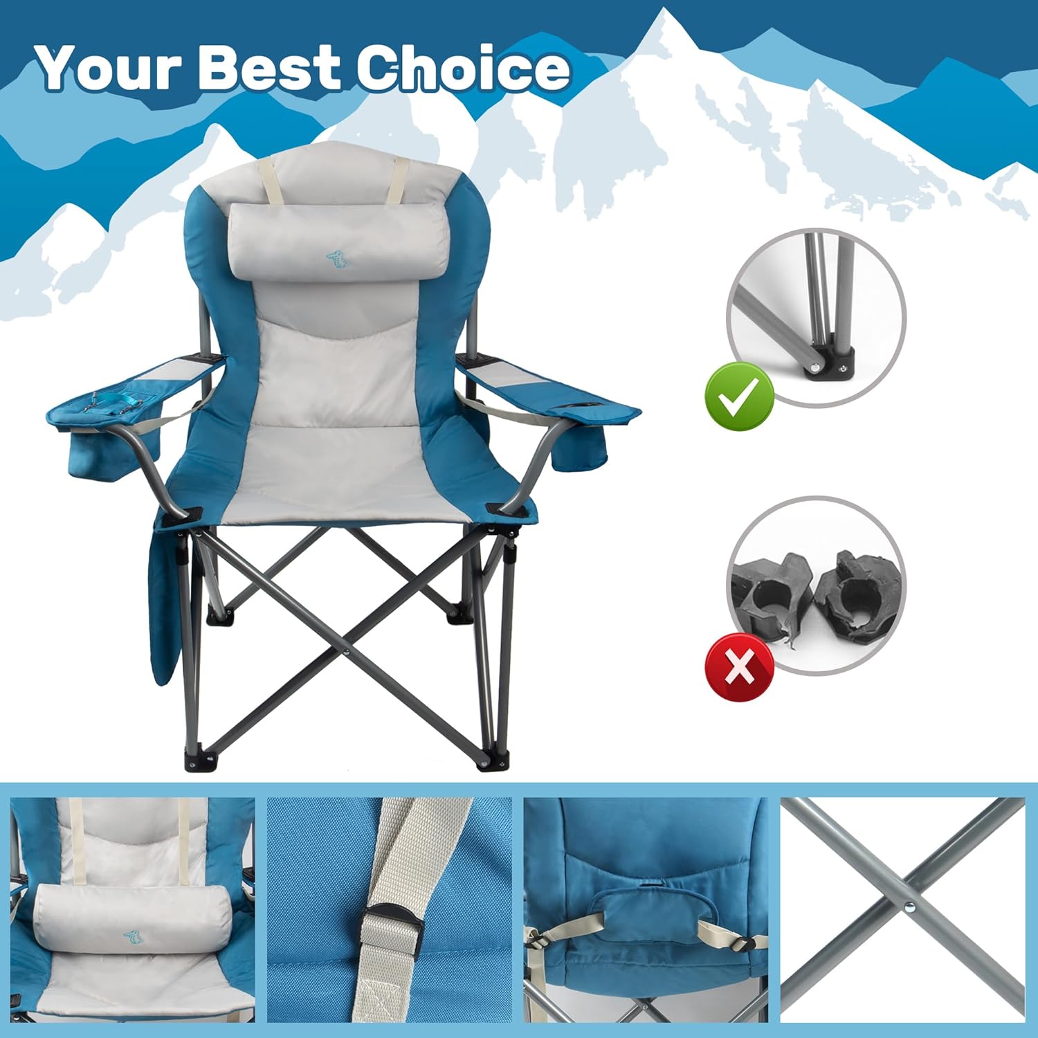 Double Padded Oversized Folding Camping Chair, Folding Beach Chair for Adults with Lumbar Support & Headrest, Camping Chair with Armrest, Cooler Bag, Side Pocket, Cup Holder, Blue&White - Image 6