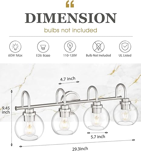 Vista 29 de AD-22280-2W-SN - Lámpara de tocador de baño de 2 luces, níquel cepillado con pantalla de vidrio transparente, luz de tocador de baño de granja sobre