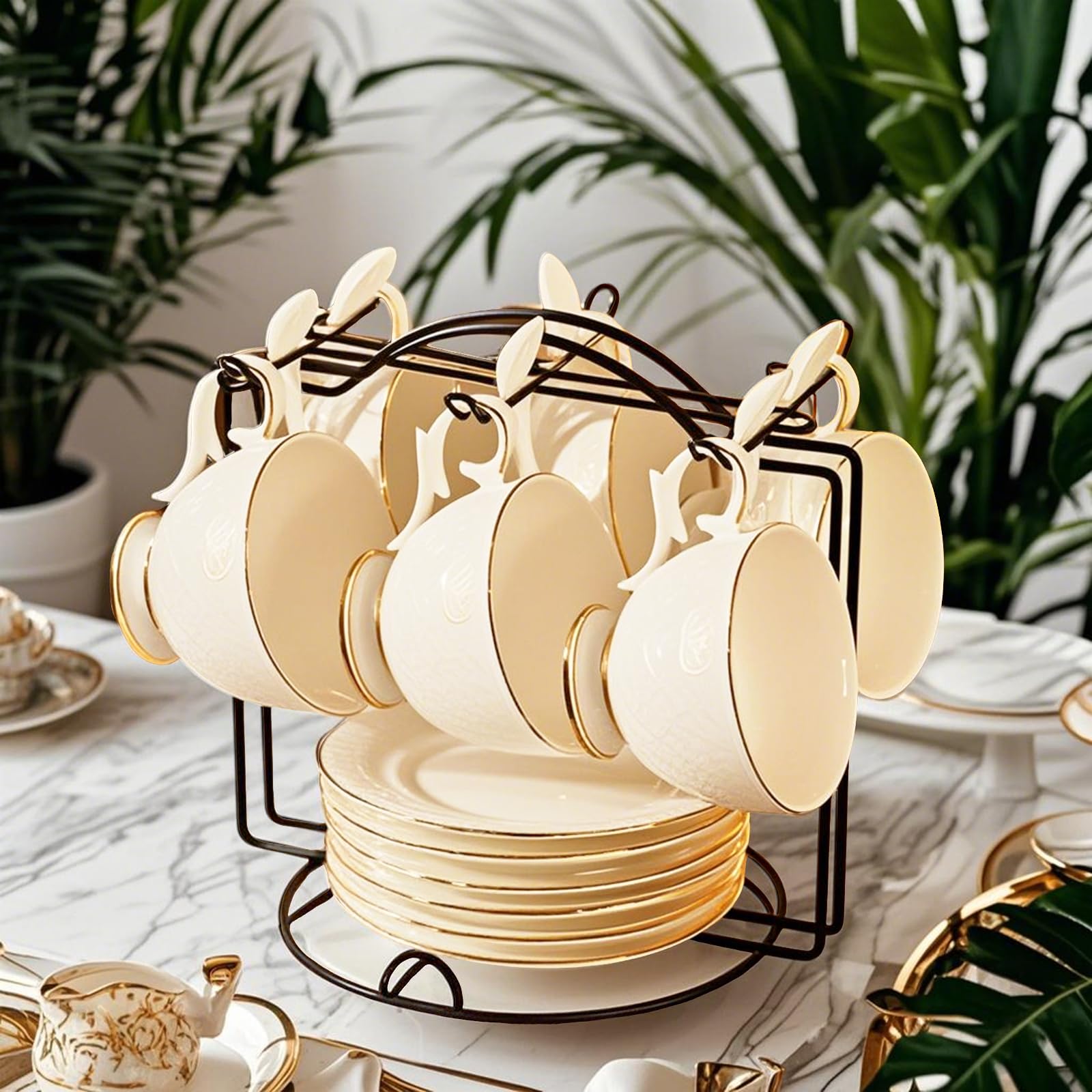 Service À Thé Vintage En Porcelaine 18 Pièces Avec Soucoupes Et Cuillères - Service À Thé Européen En Porcelaine Fine 200 Ml - Service À Café/Thé - Cadeaux Pour Femmes