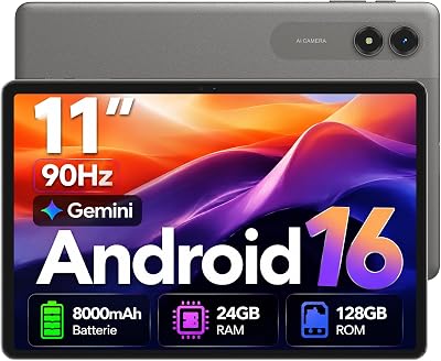 Tablette 11 Pouces Android 16 Tablette Écran 90 Hz, Gemini AI 3.0, 24Go(6 + 18Étendus) RAM 128Go ROM(2TB TF), Protection oculaire, 8000mAh, WiFi, Widevine L1, Face ID, GMS, Garantie 4 Ans